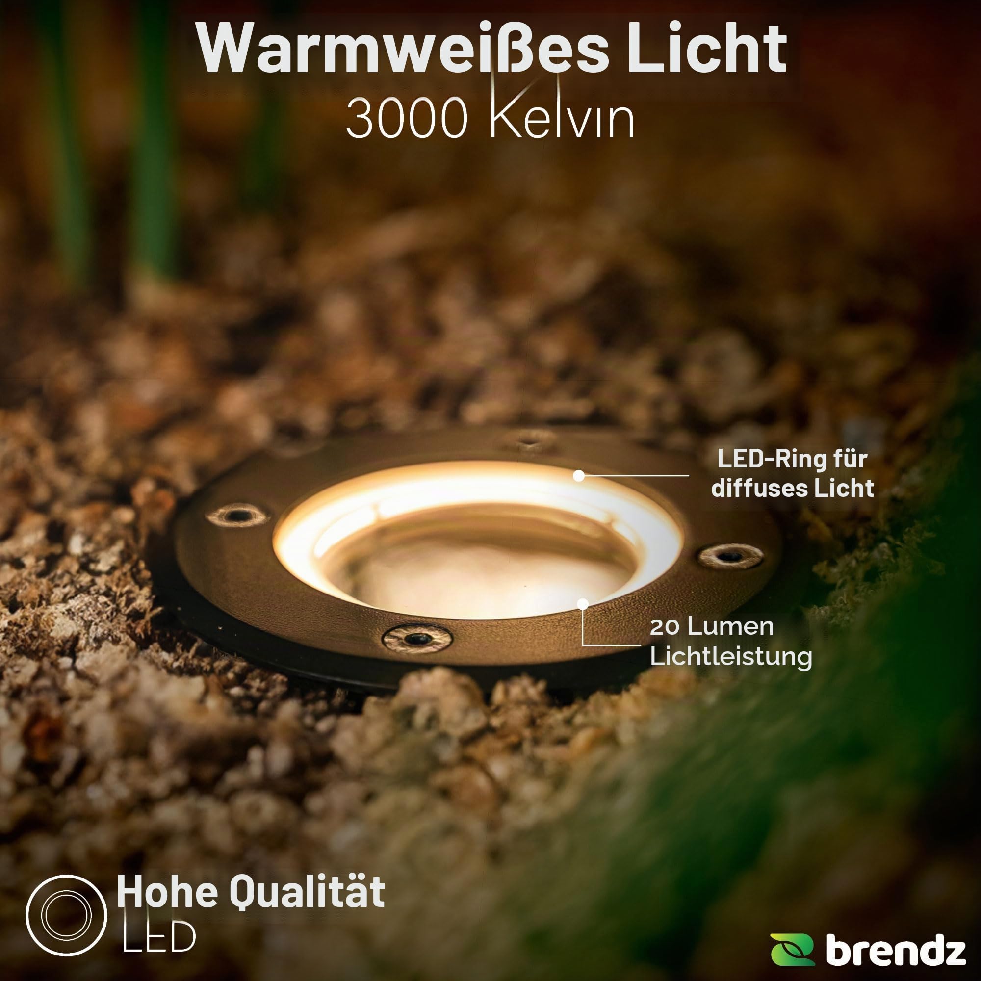 Brendz 4 Stück Solar Bodenleuchten Aussen, LED, 20 Lumen, IP67 Wasserdicht, 3000K Warmweißes Licht, Lithium-Polymer-Akku, Solar Gartenleuchten, Bodenstrahler Außen, Schwarz, Doha