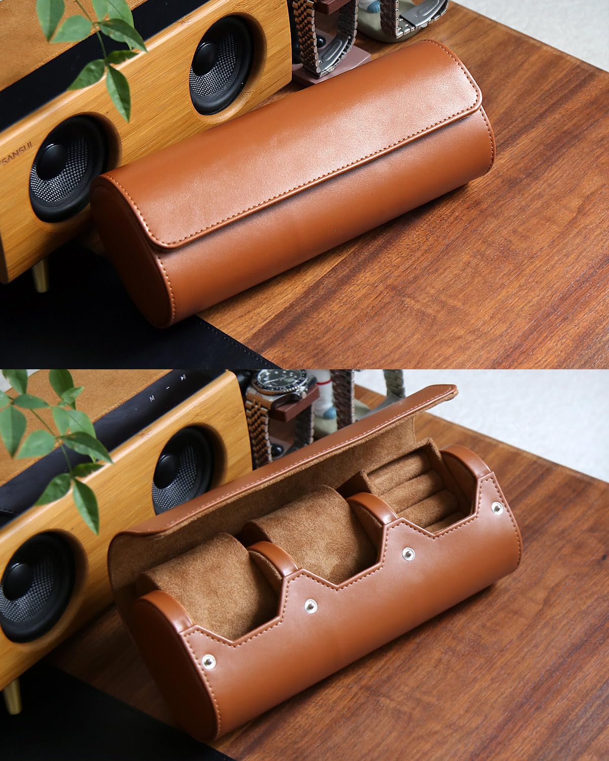 Custodia organizer per orologi e gemelli, da uomo, con rotolo, portatile, con 2 scomparti per orologi e gemelli, con velluto per riporre orologi grandi, custodia da viaggio per gemelli