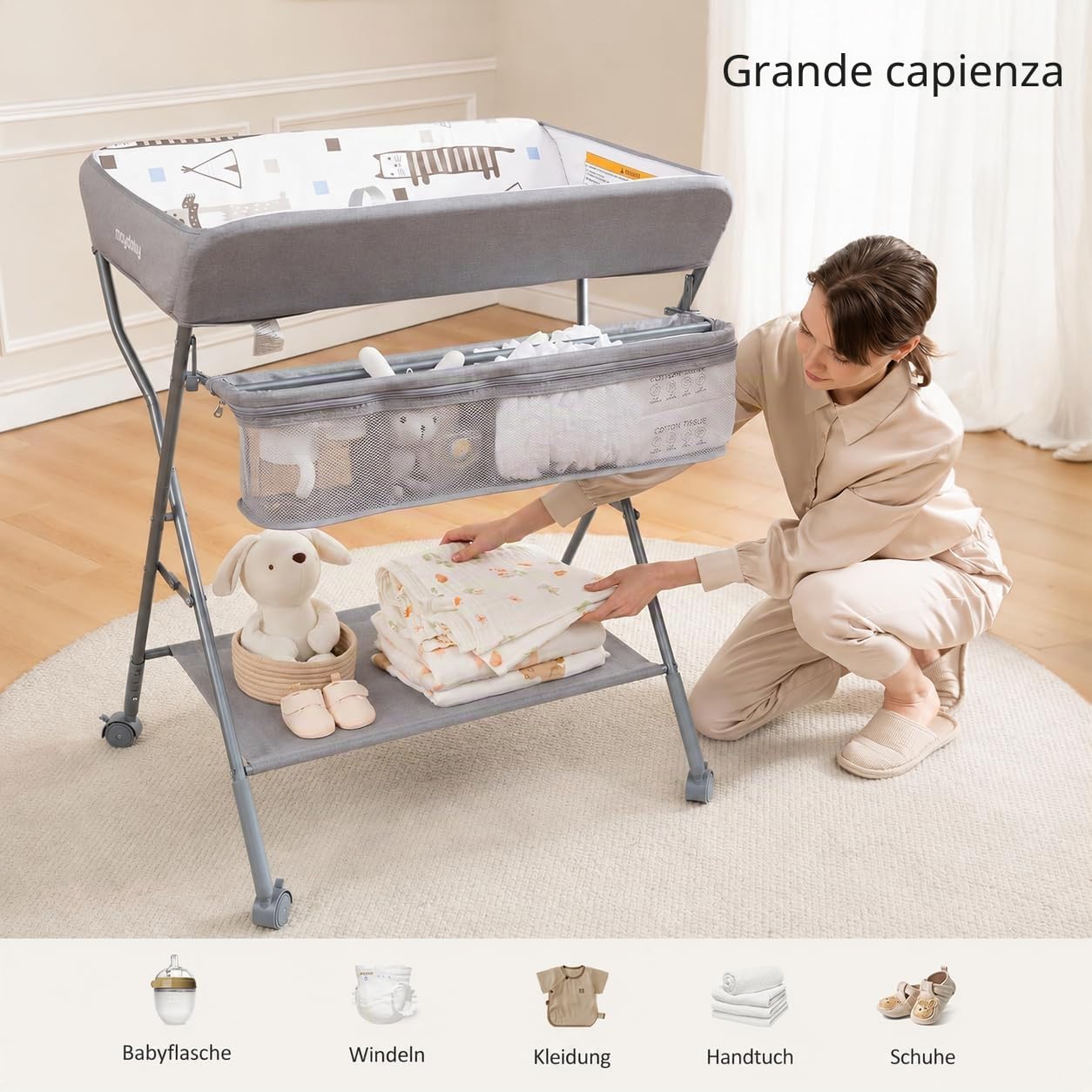 Maydolly Fasciatoio per Bambini，avolo Cambio Pannolini Multifunzionale Portatile,mobile con ruote，Altezza regolabile，Il materiale impermeabile è facile da pulire，grigio chiaro