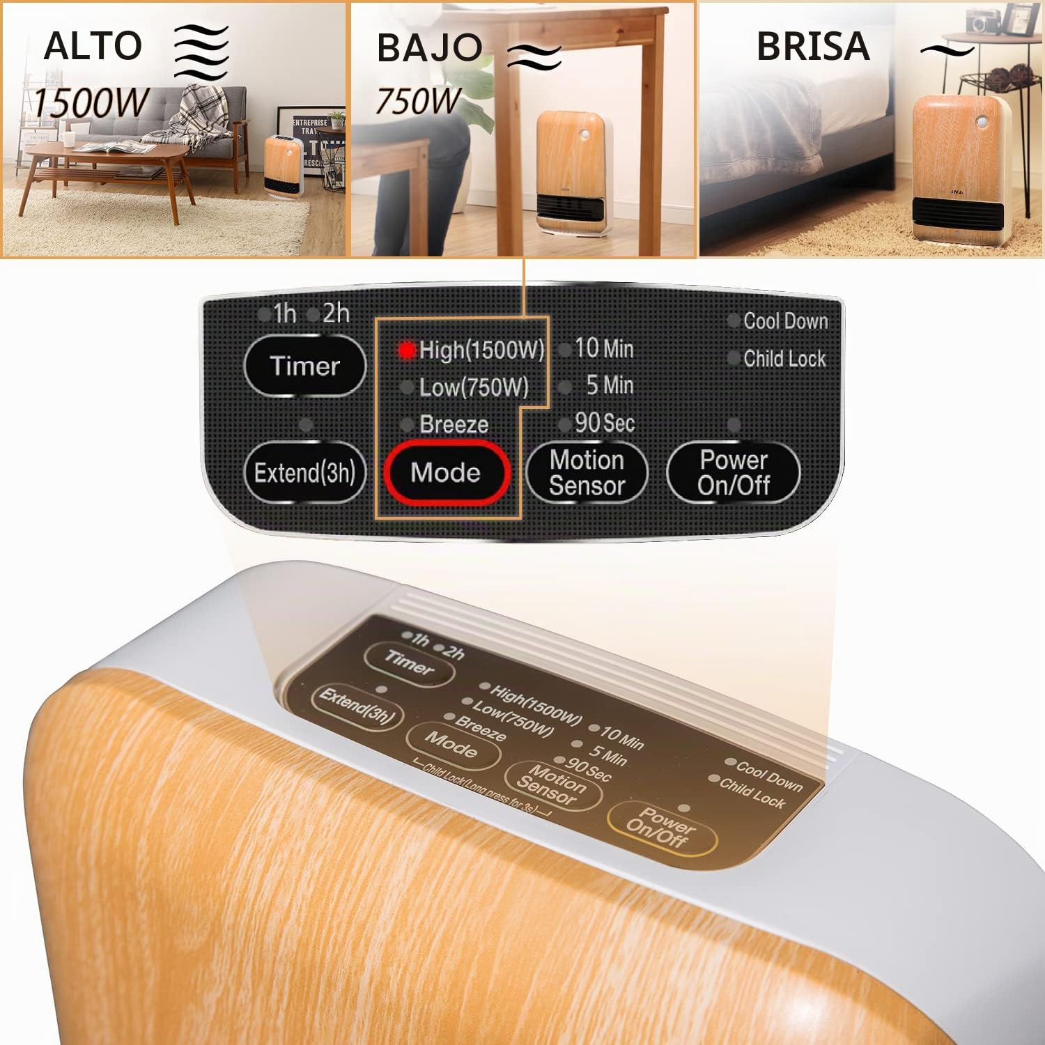 Iris Ohyama, Calefactor ceramico pequeño/Radiador ceramico portátil, Alcance 90cm, 1500W, Detector de movimiento para el ahorro, Temporizador, Cuarto de baño, salón - JCH-15TD4 - Madera clara