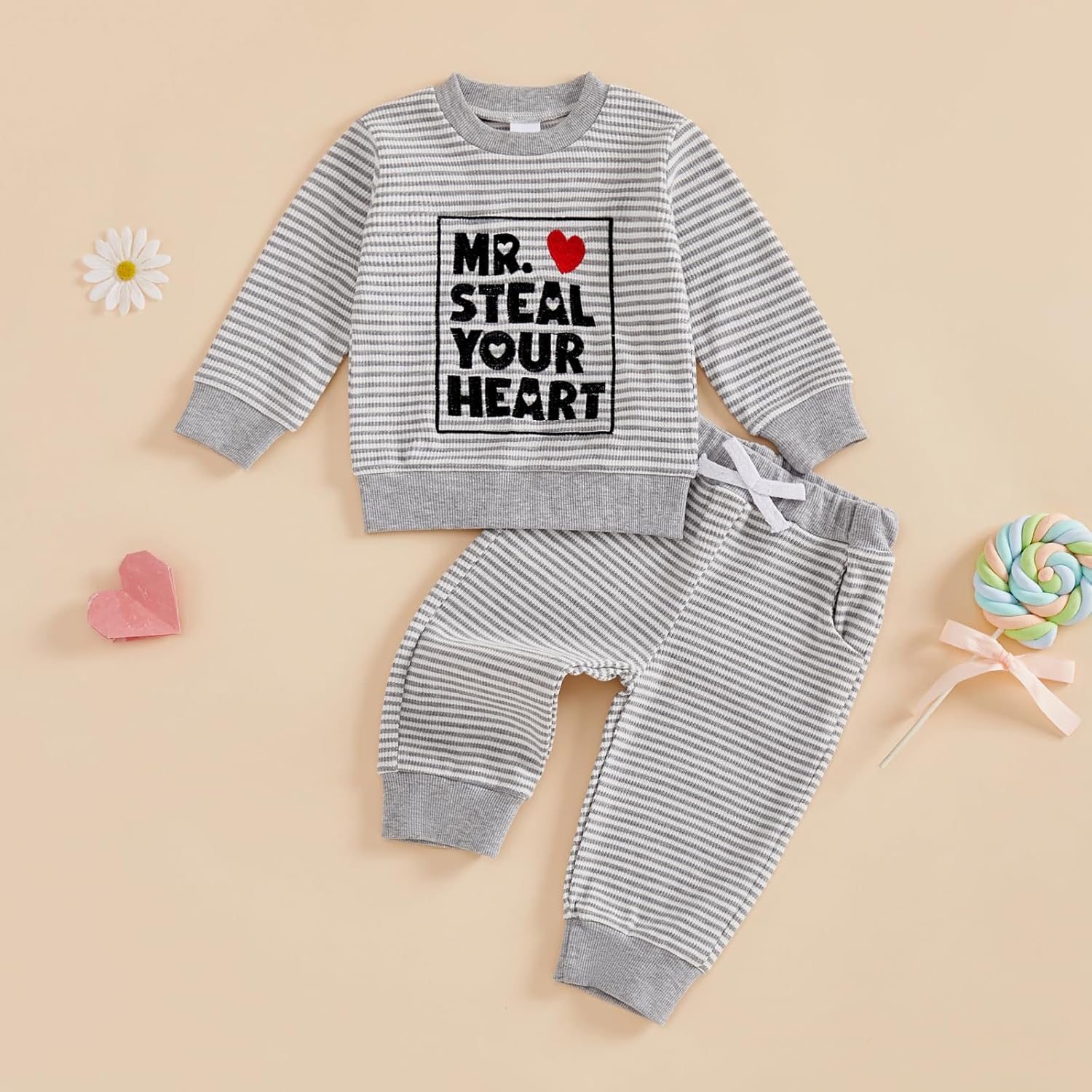 Kuriozud Toddler Baby Boy Clothes Outfit Valentines Day Sweatshirt Lover Boy Shirt+Waffle Knit Pant Set Clothing Fall Winter - Image 4