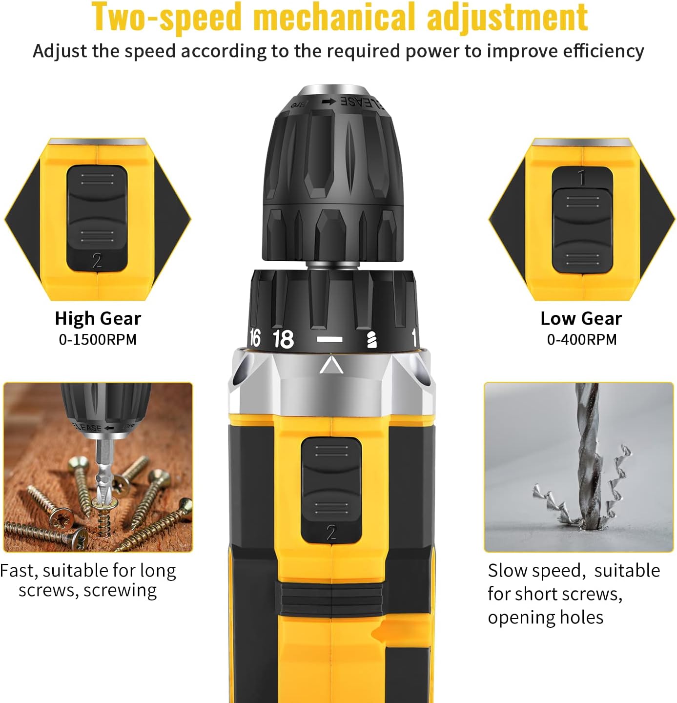 Annotated diagram of the Conentool drill highlighting features like torque adjustment, two-speed adjustment, ventilation, LED lighting, stepless speed switch, soft rubber non-slip grip, and battery removal switch.