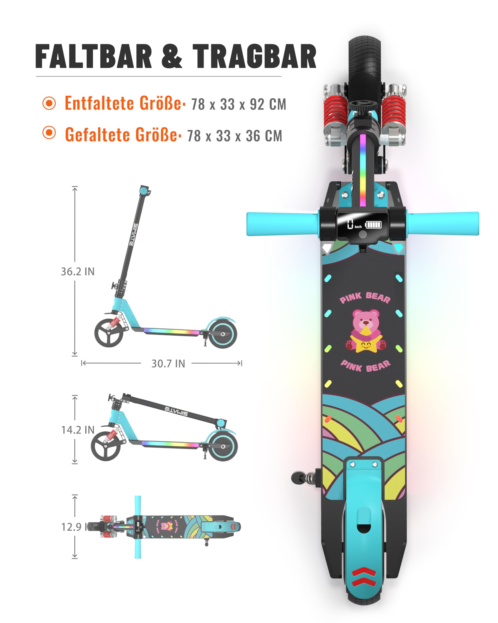 Monopattino elettrico per bambini dai 6 ai 12 anni, con luce arcobaleno colorata, portata di 5 – 8 Km, scooter elettrico pieghevole per bambini, 130 W, per ragazzi