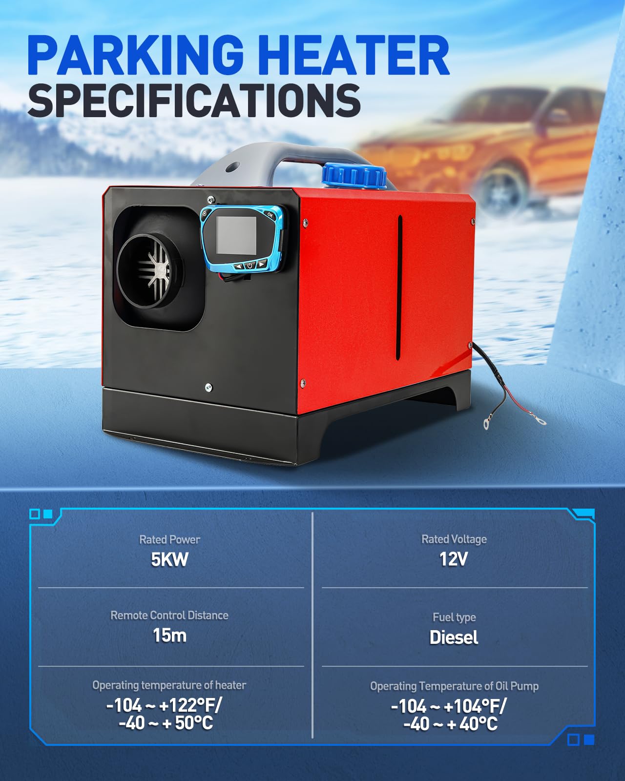 12 V 5 kW Nagrzewnica Diesla Pojedynczy otwór Uniwersalny Nagrzewnica Powietrza Diesla z Inteligentnym Wyświetlaczem LCD do Garażu, Kamperów, Pojazdów RV, Ciężarówek, Przyczep, Łodzi (Czerwony)