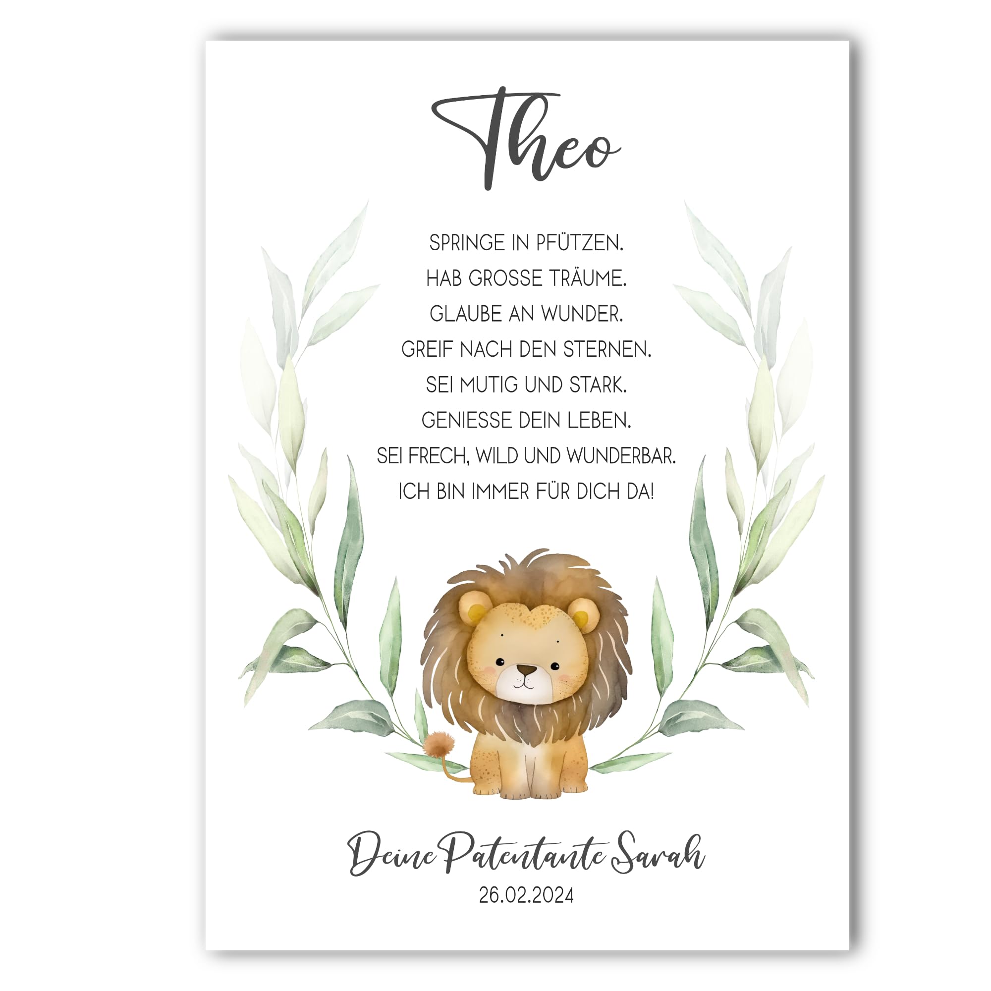 Taufgeschenk Kunstdruck | Taufe Poster | personalisiert | Patenbrief Patenkind | Segnung | Junge oder Mädchen (Löwe)