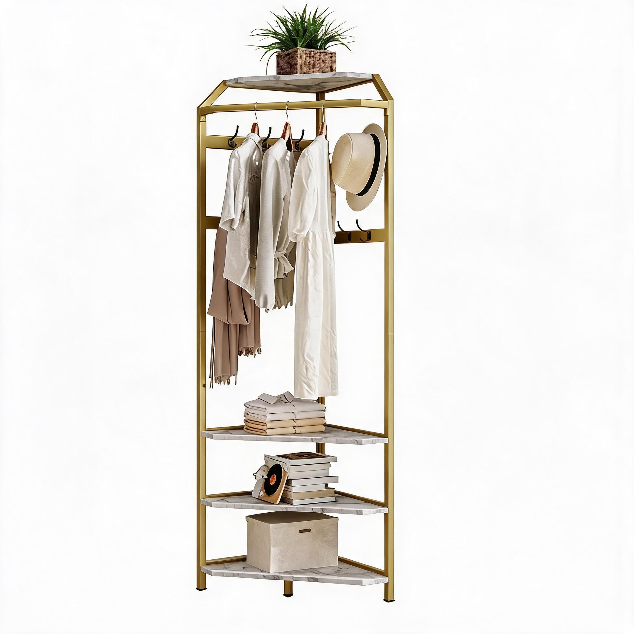 Cachpib Metal Coat Stand Corner Hall Tree Clothing Rack with Hooks, Shelves