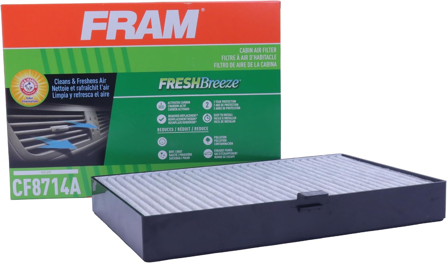 FRAM Fresh Breeze Cabin Air Filter Replacement for Car Passenger Compartment w/ Arm and Hammer Baking Soda, Easy Install, CF8714A for Select Mercedes-Benz Vehicles , white