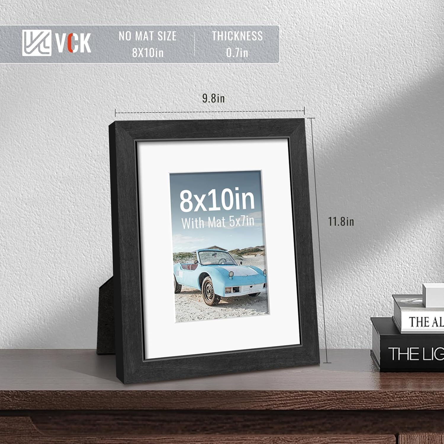 VCK 8x10 Picture Frames Black Set of 5, Wide Border Wood, Tempered Glass, Display 5x7 Photo with Mat or 8 x 10 without, for Home, Office, Gallery, Woodgrain Series, Tabletop & Wall Hanging