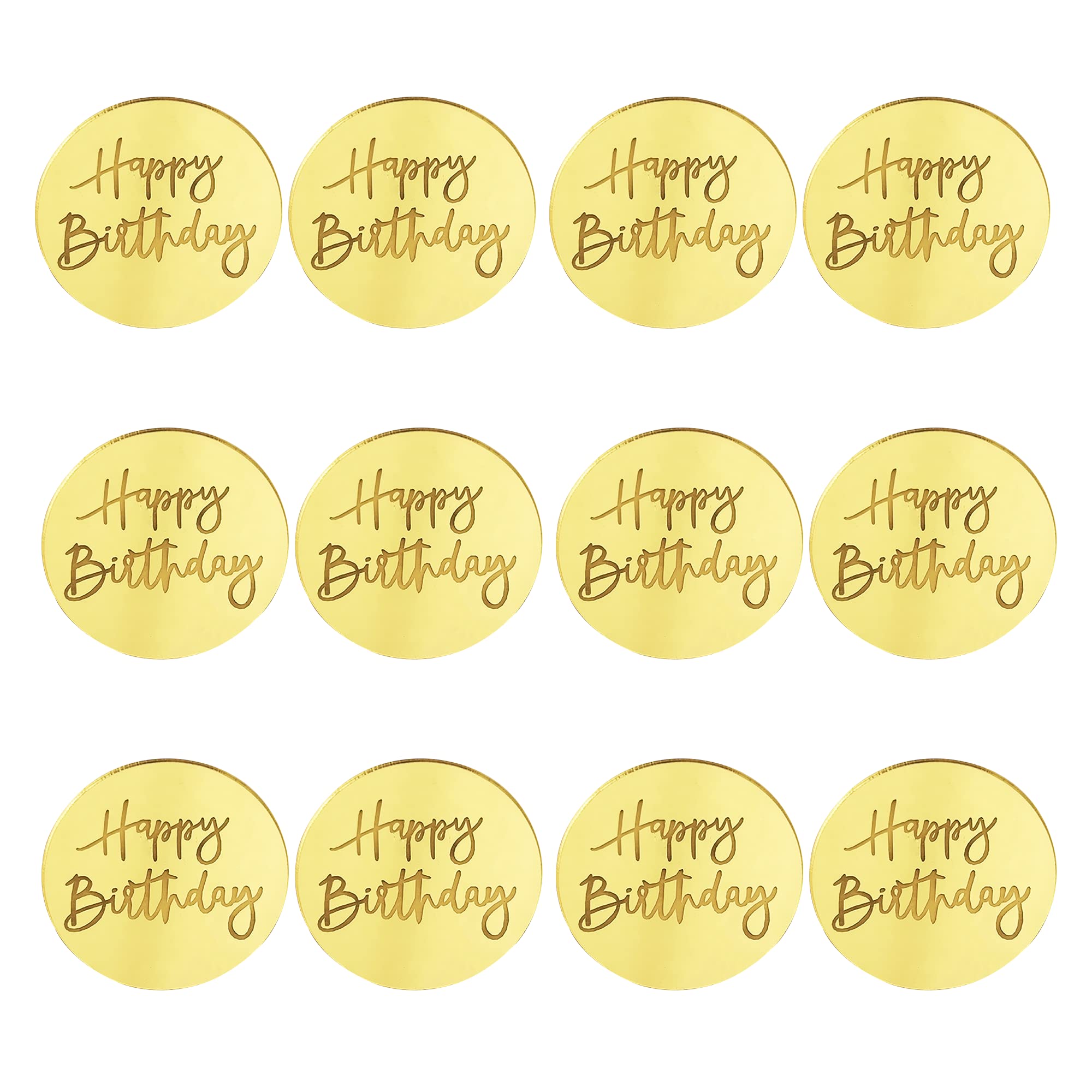 12 Pcs Acrylic Cake Toppers 2 Inches Round Gold Happy Birthday Cake Topper Mini Mirror Acrylic Happy Birthday Cupcake Disc Toppers for Birthday Party Decor