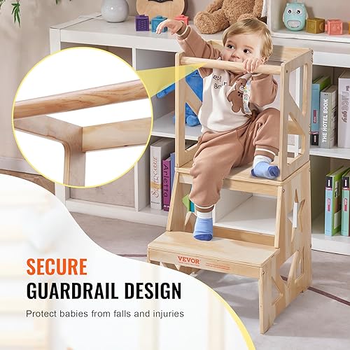 Miniatura 5 de VEVOR Taburete de cocina para niños, taburete de cocina de madera de pino natural con riel de seguridad, capacidad de carga de 150 libras, taburete