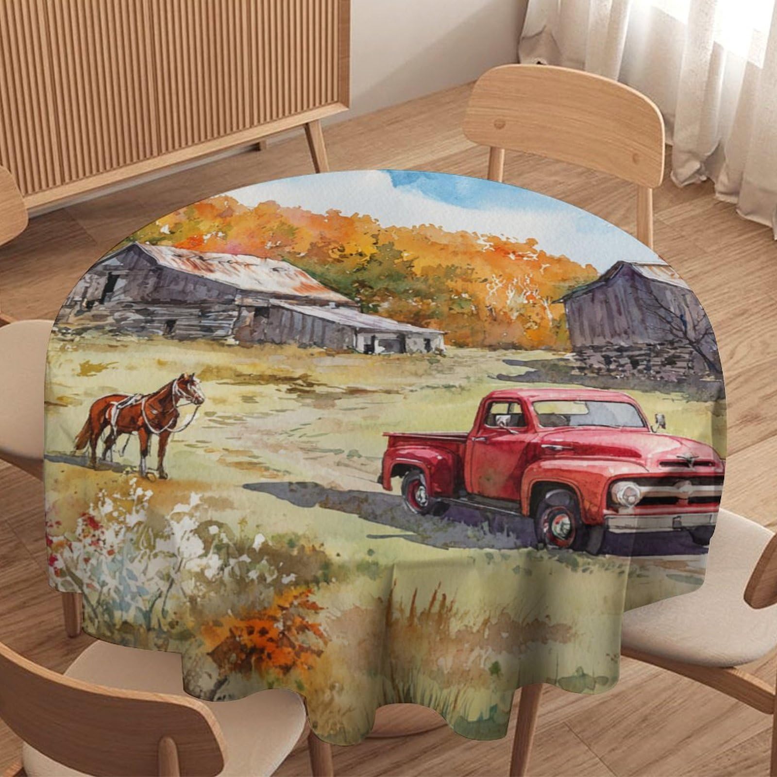 LUYYSKY Classic Realistic Red Truck Waterproof Round Tablecloth Colorful Watercolor Fall Woodland Log Cabin Animals Horses Print Washable Table Cover for Kitchen-127 Wx127 L cm