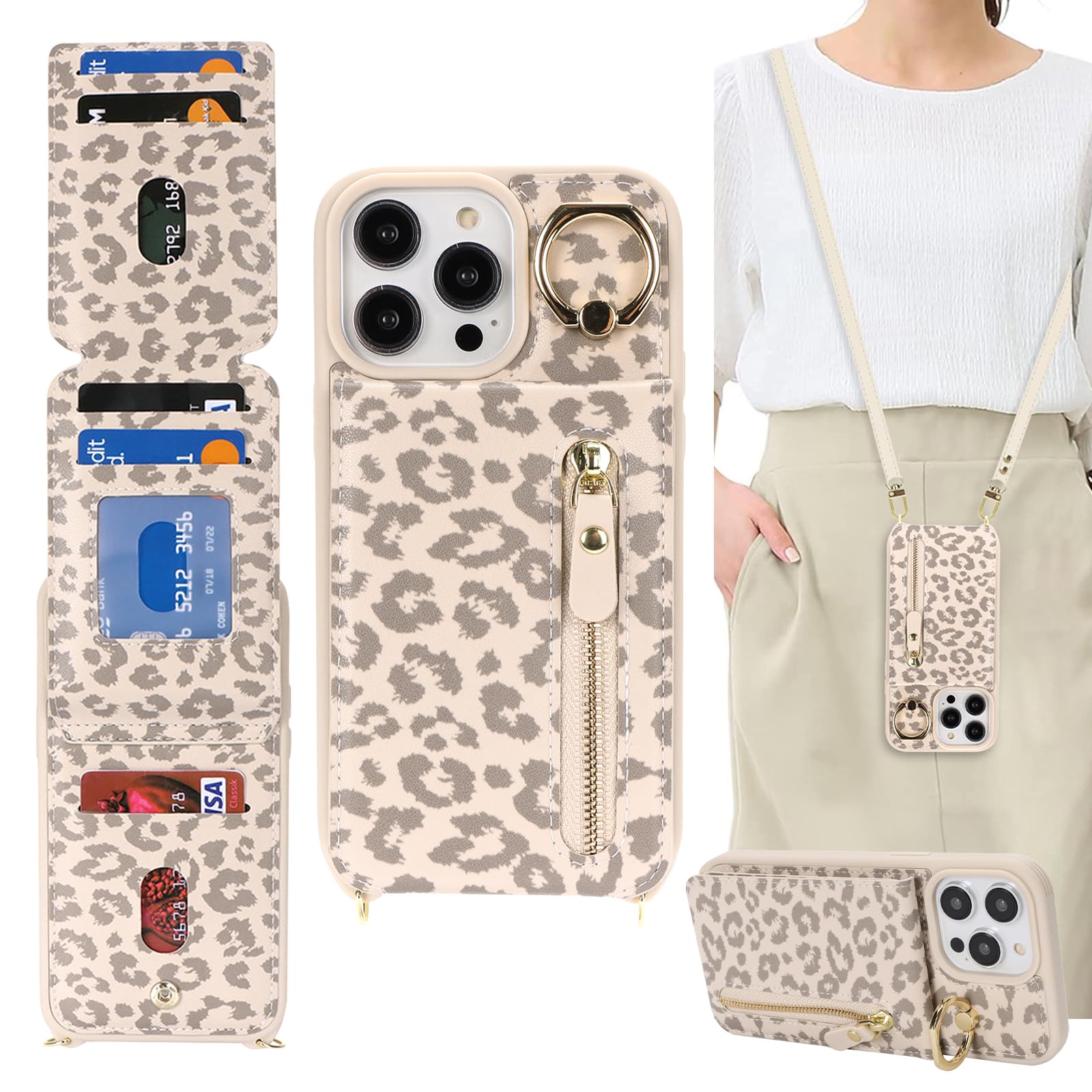 DEYHU iPhone 15 pro Case with Card Holder for Women, iPhone 15 pro Phone Case Wallet with Strap Credit Card Slots Crossbody with Kickstand Zipper Case for iPhone15pro - Rice Leopard