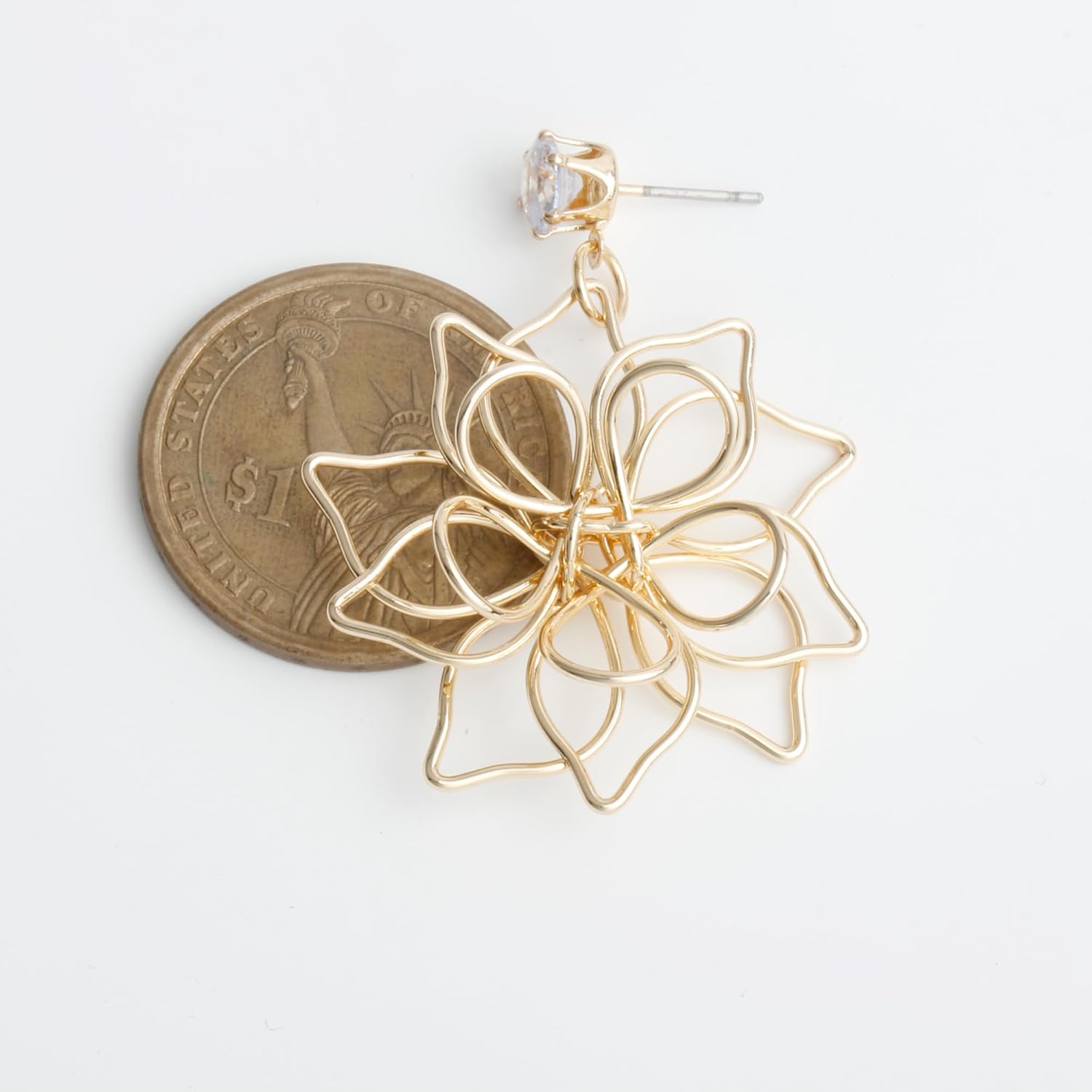 Handmade Gold Wire Wrap Flower Dangling Earrings Lightweight Floral Petal Dangle Drop Earrings - Image 3