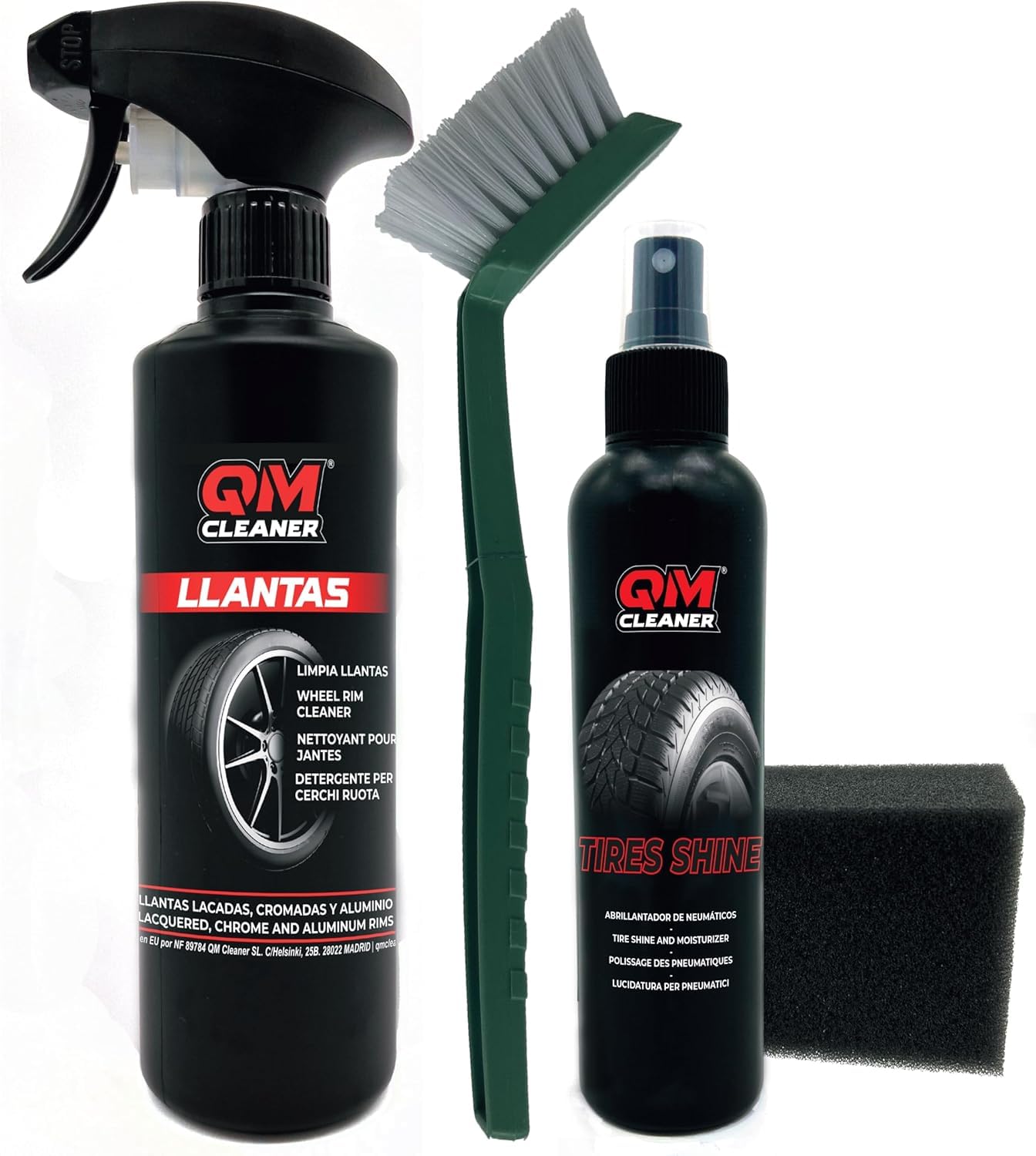 QM Cleaner Kit de Nettoyage et Lustrant pour Jantes et Pneus de Voiture | kit complet pour véhicule Comprend 500ml de Nettoyant pour Jantes, 200ml de Lustrant pour Pneu, une Brosse et une Éponge