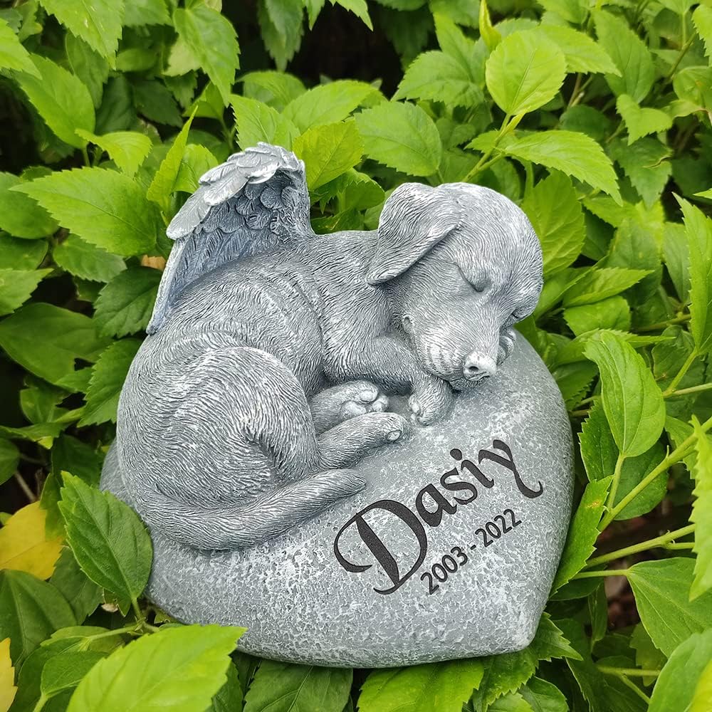Personalized Angel Dog Statue Memorial Stones Grave Markers with A Sleeping puppy On the Heart-Shaped Stone-Dog Memorial Gifts for Loss of Dog.