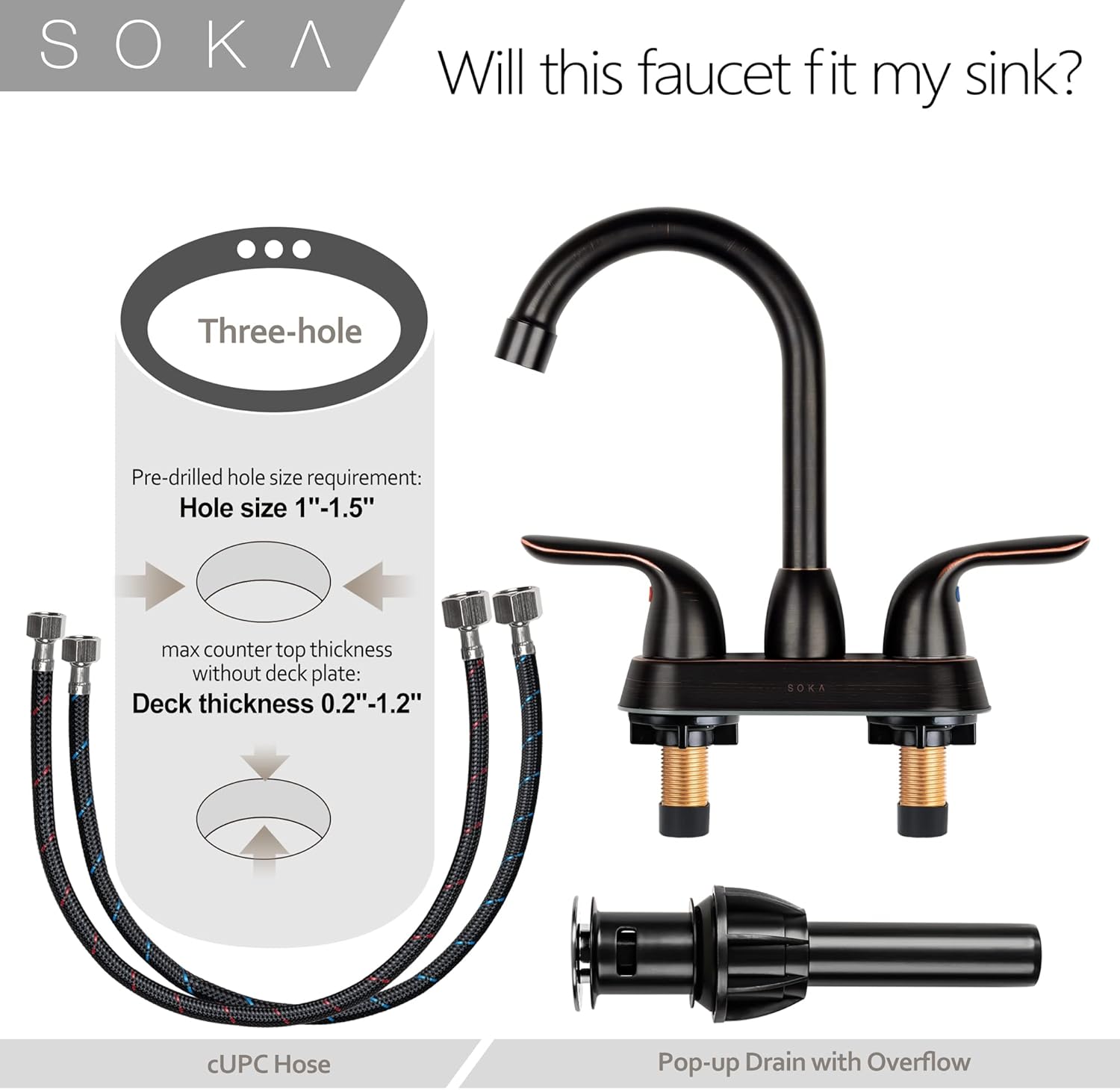 SOKA 4" Two-Handle Centerset Bathroom Lavatory Faucet with ABS Pop-Up Drain, Oil-Rubbed Bronze Finish, Oil Rubbed Bronze