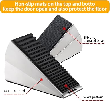 Strongest Adjustable Spring Loaded Large Door Stopper - Heavy Duty Tall Door Stop Wedge for Bottom of Doors, Up to 3 Inches, Stainless Steel (Silver, 2 Pack)