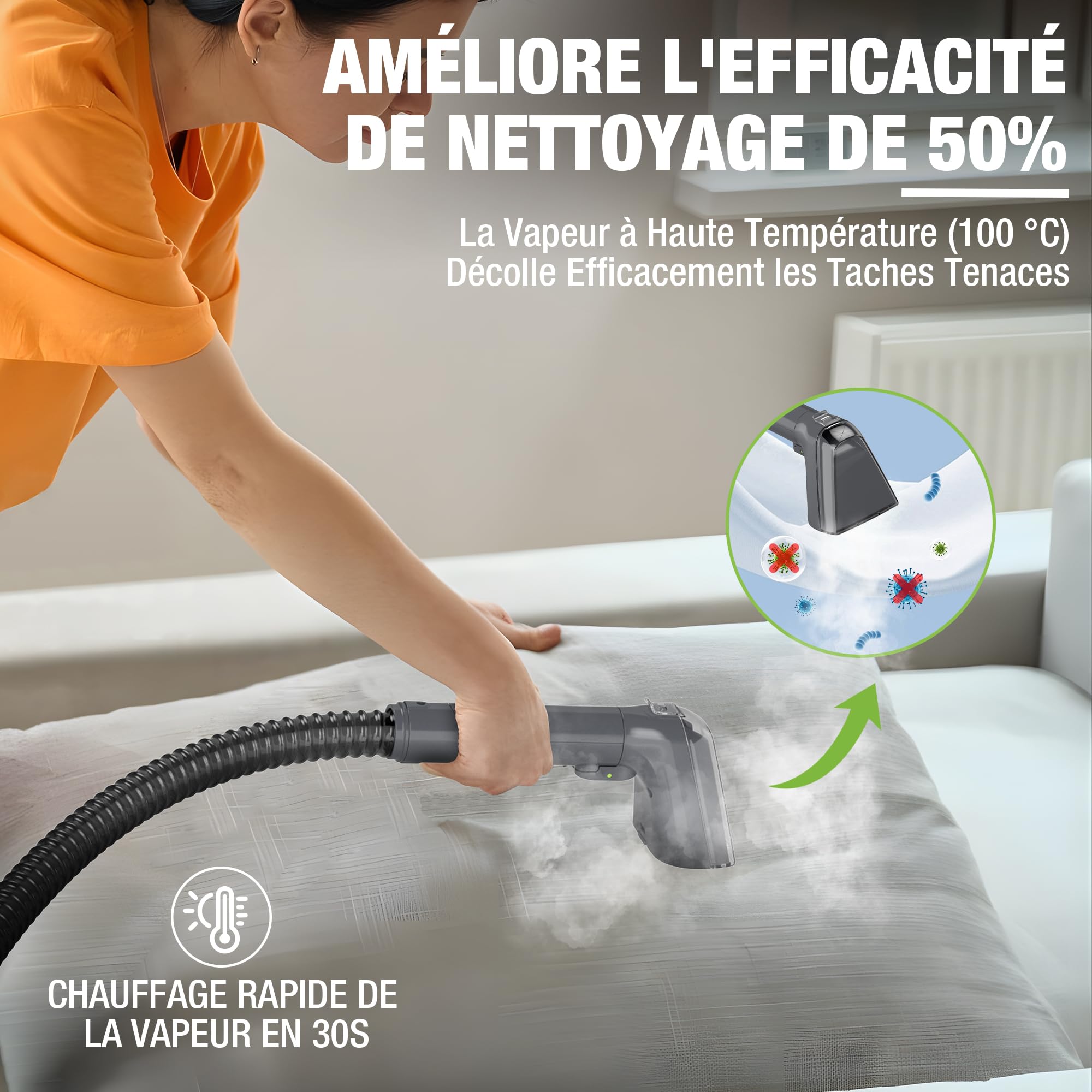 WORKPRO Shampouineuse et Nettoyeur Vapeur 4 en 1 pour Tapis et Tissus d’Ameublement avec Aspirateur Laveur 16 kPa, 4 Modes de Nettoyage, Nettoyeur Canapé Tissu, Matelas, Rideaux, Poils, Voiture