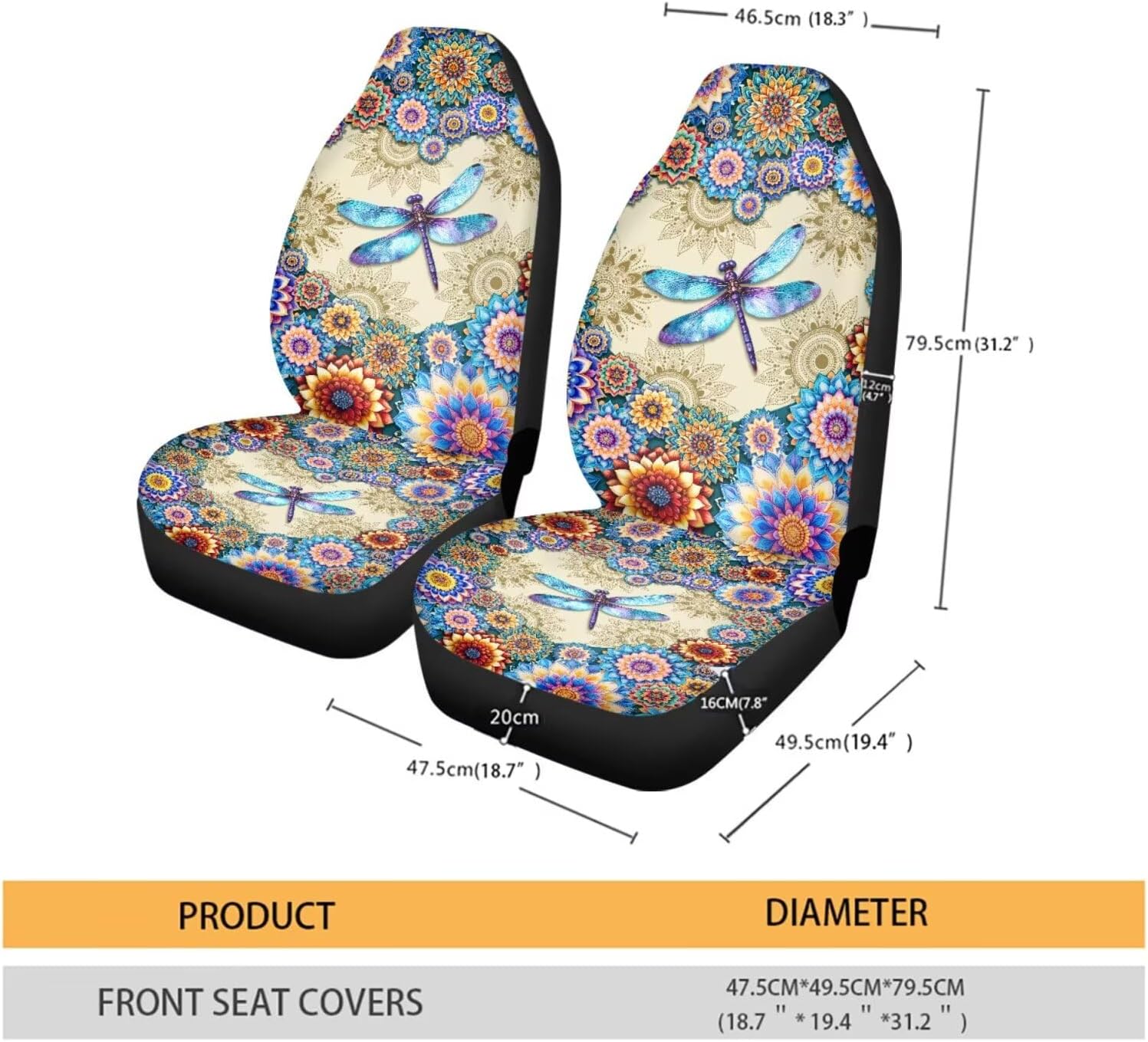 Talayituse Boho Mandala Dragonfly Print Car Seat Covers 2 Pcs, Auto Universal Front Seat Protector Waterproof Automobile Interior Decorate Accessories for Men Women