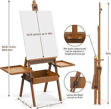 Professional Vintage Wood H-Frame Easel, with 2 Palette and Storage Box