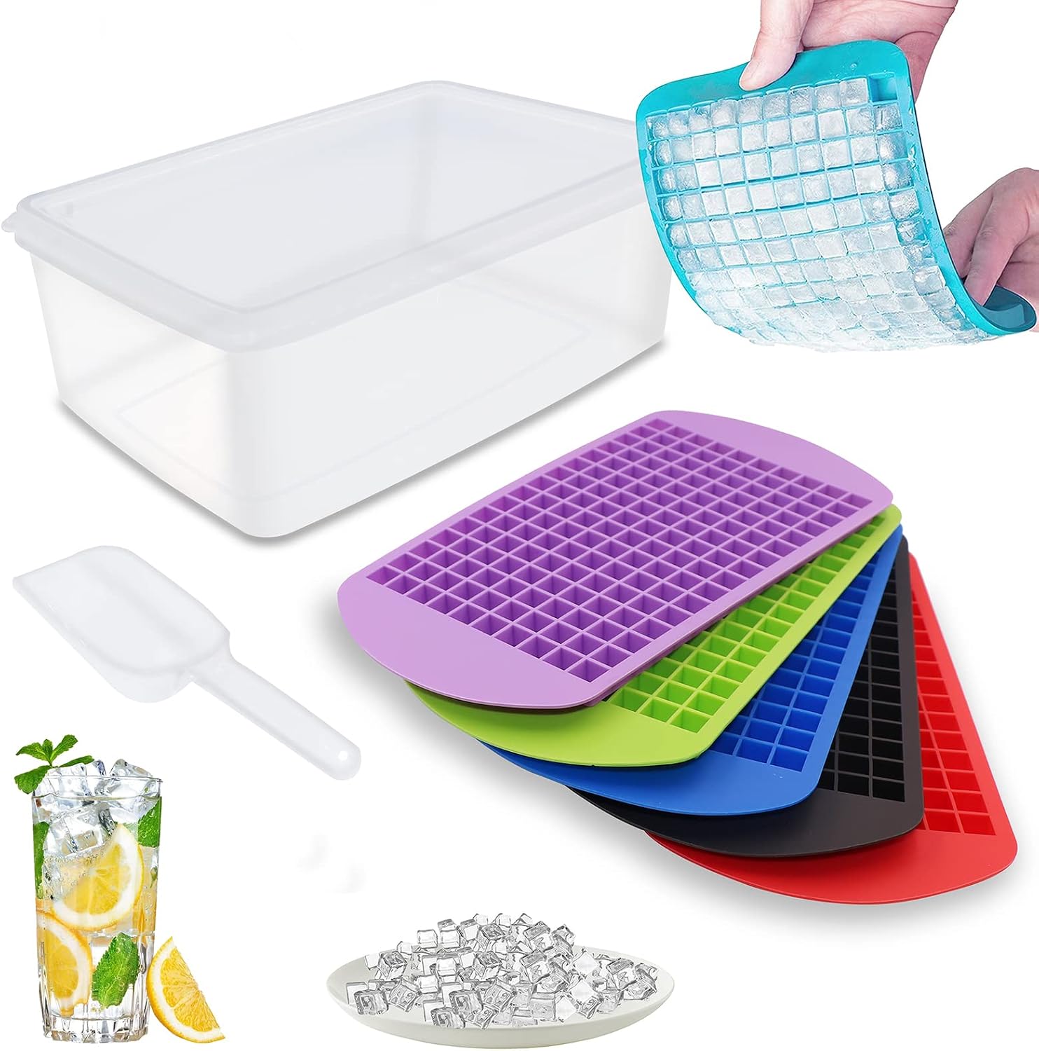 Mini Ice Cube Trays for Freezer with Bin, 6 Pack Silicone Ice Cube Molds with Storage Container and Ice Scoop, 160 Stackable Crushed Ice Trays Easy Release Small Ice Cube for Chilling Whiskey Cocktail