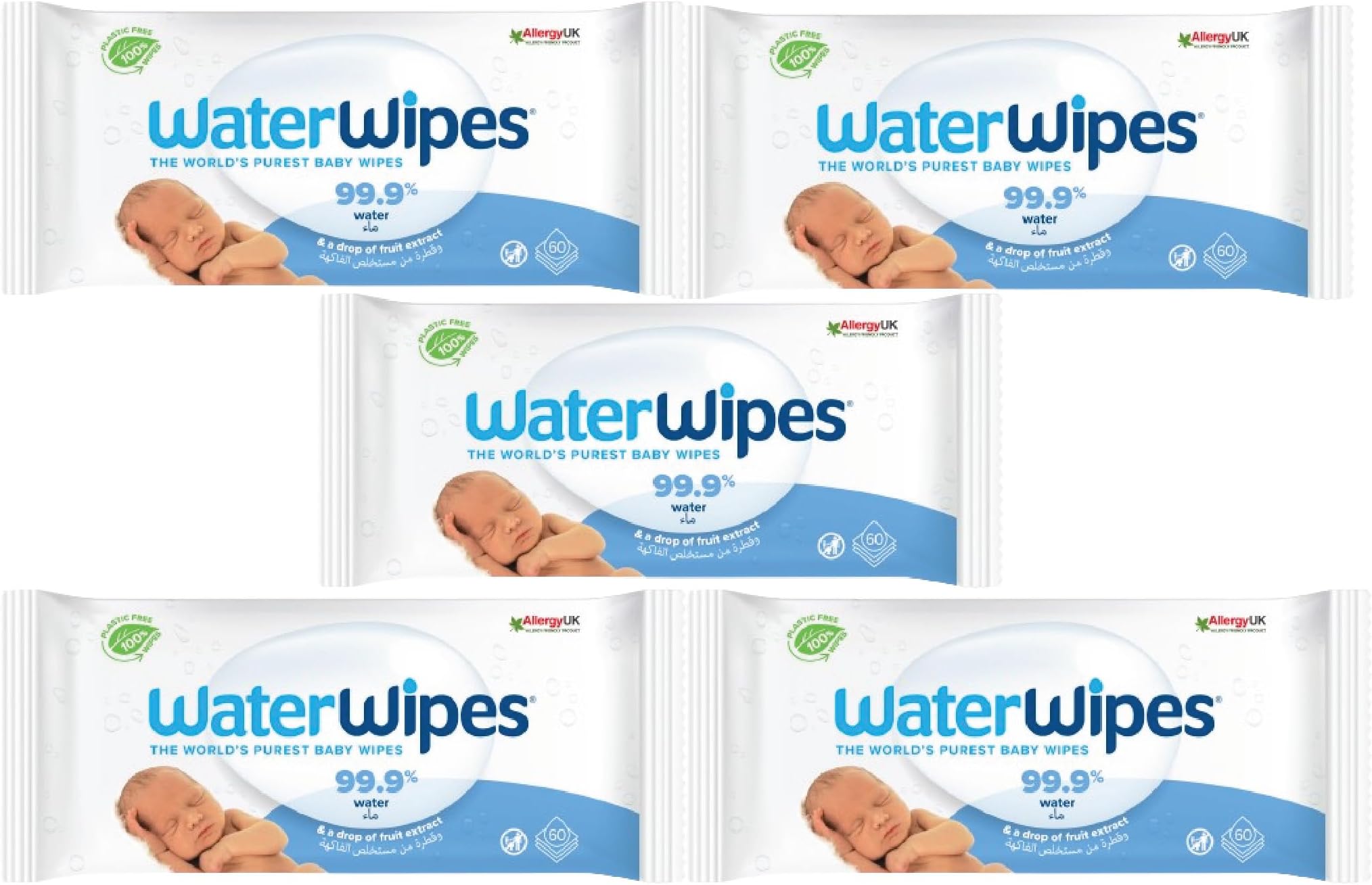 WaterWipes Water Wipes Purest Baby Wipes Sensitive Skin 5 x 60s (300 wipes) Pack of 5