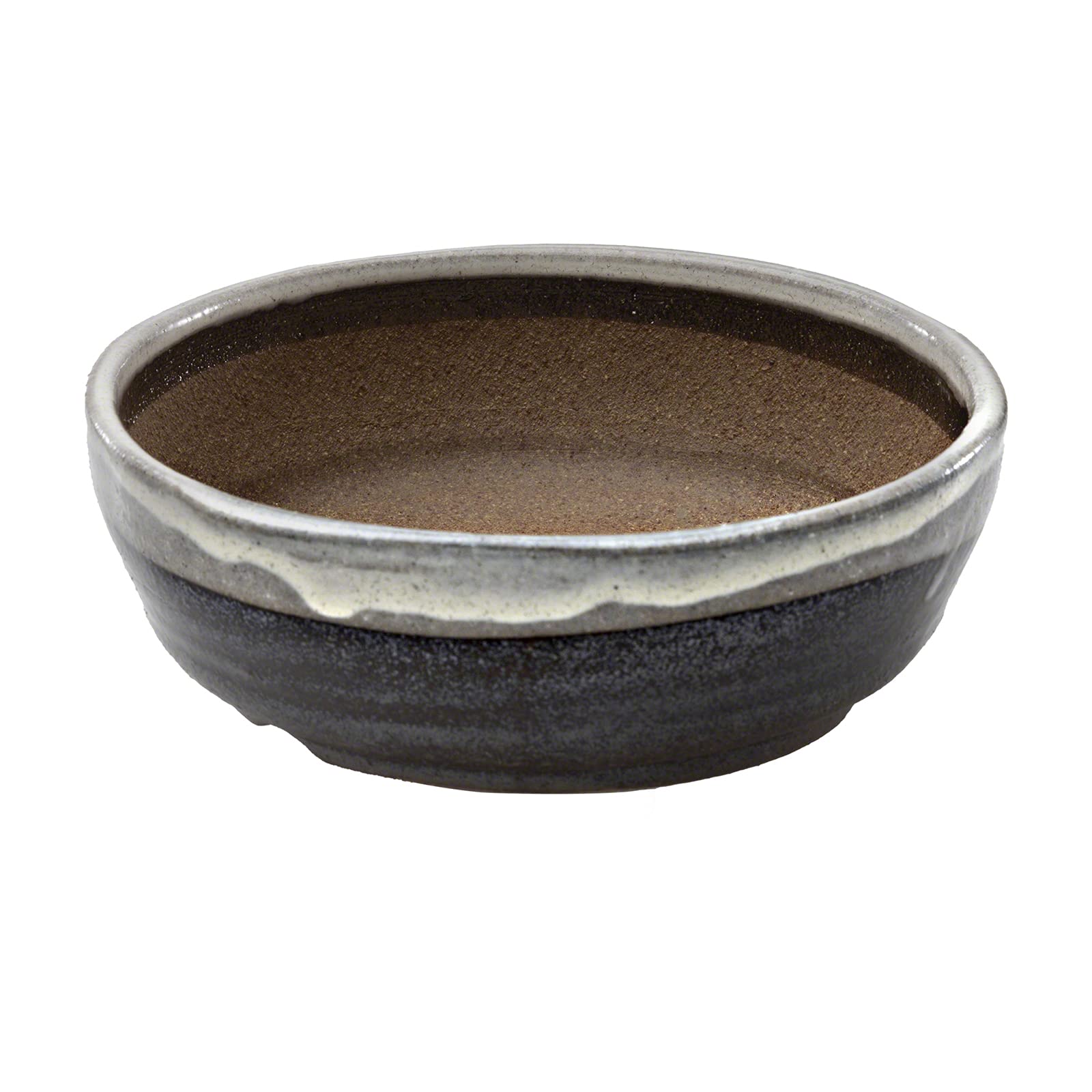 Wazakura Japan - Maceta para Bonsai Colección Shigaraki 100% Hecha en Japón, Tiesto Oval de cerámica con Borde esmaltada a Rayas Blancas, 17 cm de diámetro, Agujero de Drenaje