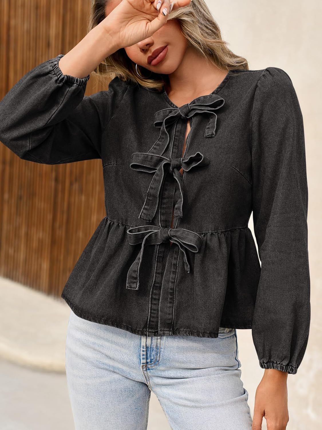 Tankaneo Womens Denim Tie Front Tops Babydoll Peplum Cute Blouse Puff Long Sleeve Going Out Jean Shirts - Image 2