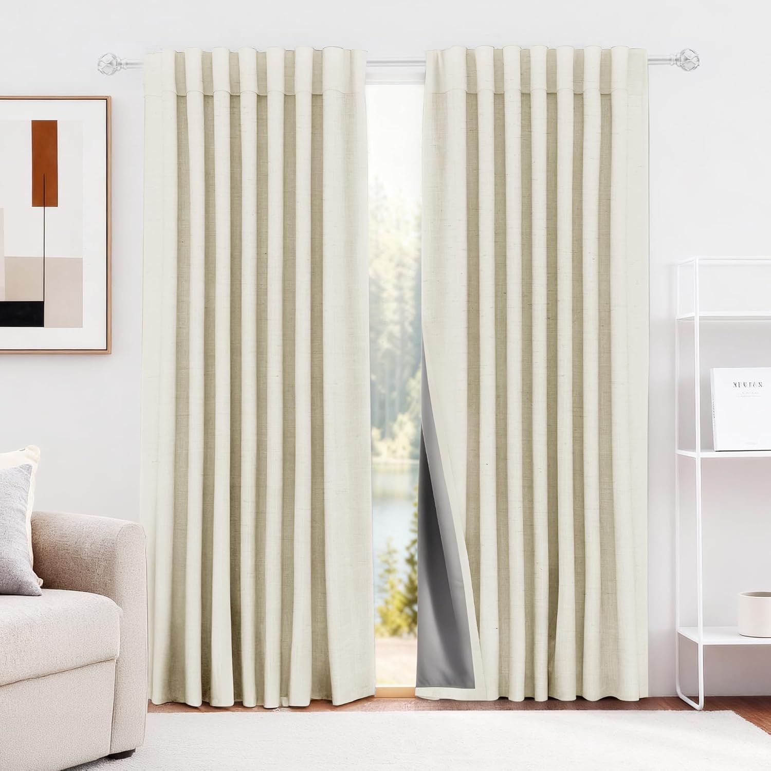 HESTIA Cream Linen Blackout Curtains for Bedroom 90 inch Length Energy Saving Drapes 2 Panels Set Rod Pocket & Back Tabs Room Darkening Window Curtain for Living Room (42" W x 90" L)