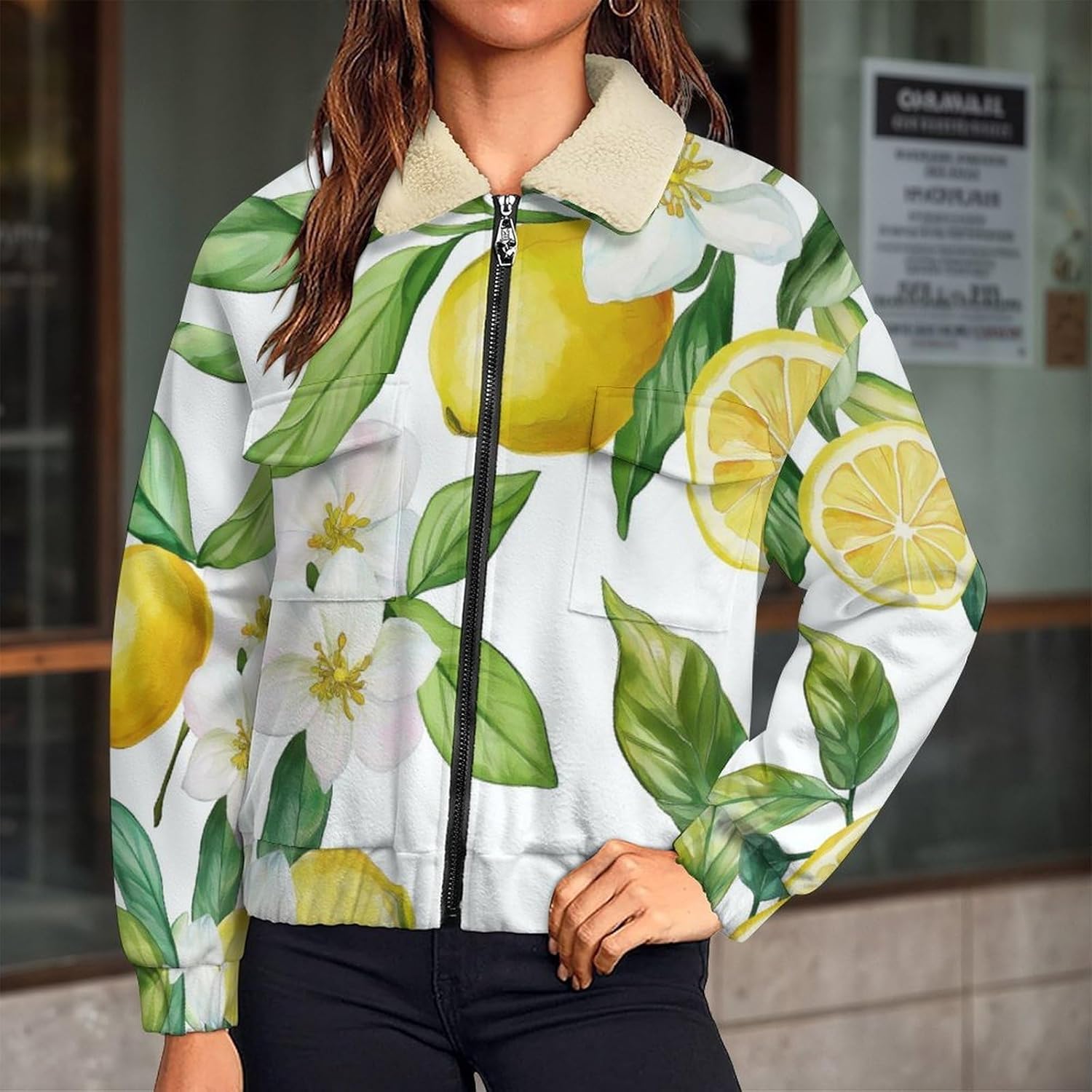 Women's Full Zip Soft Polar Fleece Jacket, Lemon fruit Printed Outdoor Coat, Long Sleeve Comfortable Outerwear
