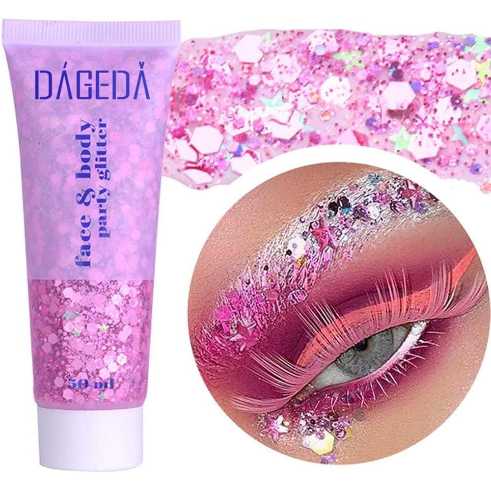 DAGEDA Body Glitter Gel, Face Glitters Body Gel Sequins Shimmer Liquid Eyeshadow, Chunky Glitter for Face Hair Nails, Holographic Cosmetic Laser Powder Festival Makeup 50ml(Pink)