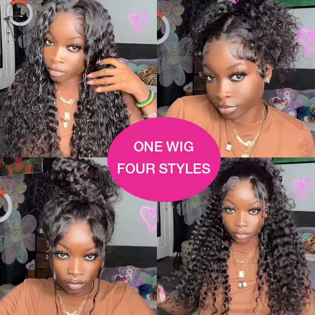 360 Lace Front Wigs Human Hair Hidden Strap Deep Wave Lace Frontal Wig Pre Plucked Drawstring Wig Human Hair 200 Density HD Full Lace Front 360 Glueless Wigs for Women 26inch