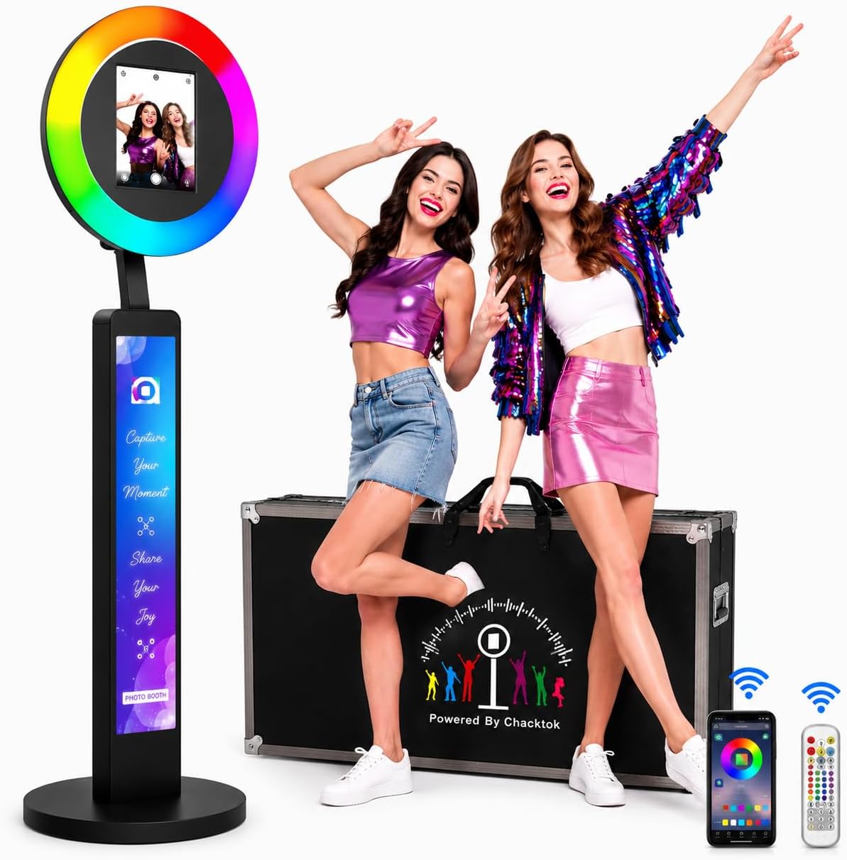 Photo Booth Machine for iPad with Flightcase Ring Light, Free Logo Customisation, RGB Strip Light Portable Selfie Photobooth, Free APP VIP for Party Wedding Rentals YouTube TikTok Live