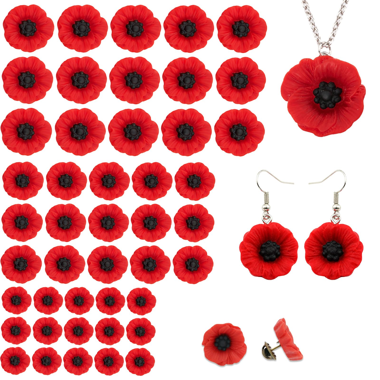 36 pcs Red Poppy DIY Accessories for Brooches, Pins, Cards and Crafts