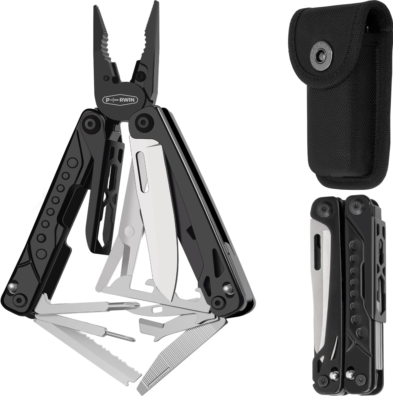 PERWIN Multitool, 20-in-1 Stainless Steel Multi Tools Pliers with Nylon Sheath, Safe Locking, Professional Multi-Tool for Survival, Camping and Hunting, Black