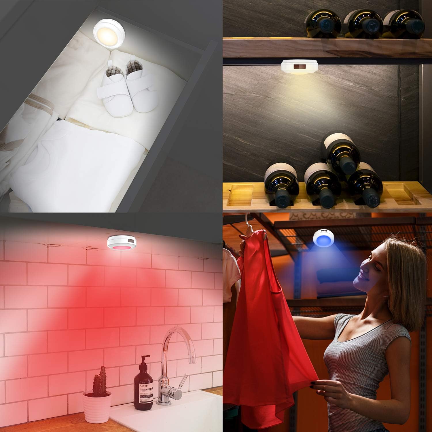 HONWELL Push Light, LED Puck Lights with Remote, Battery Operated RGB Fairy Lights Wireless Touch Tap Light Dimmable Closet Cabinet Lighting for Stick Voice Level Classroom