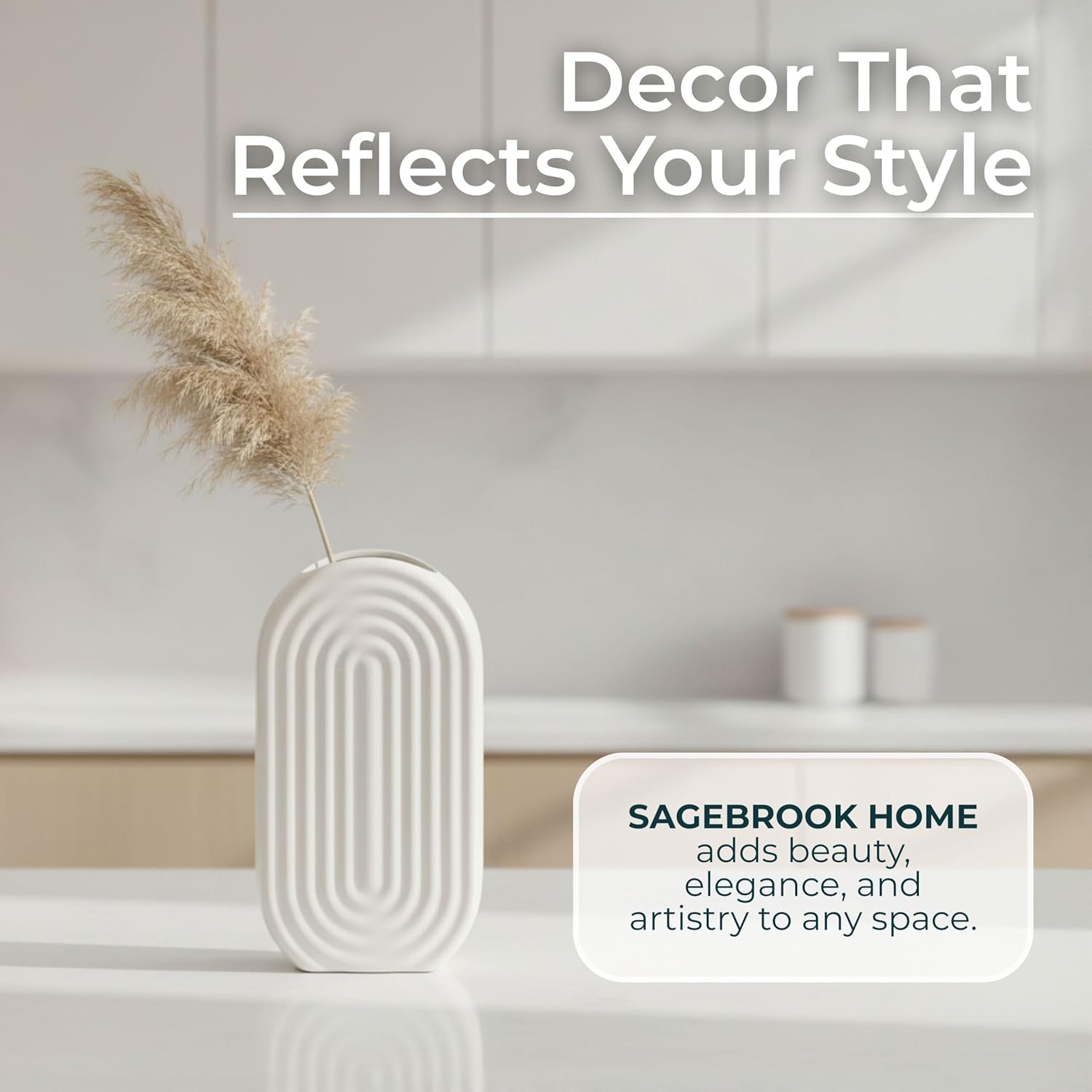 Elegant Oval Ridged Ceramic Vase for Living Room Decor - Decorative Home Accents for Bedroom, Office Desk, and Entryway Table - Flower Vase for Shelf or Kitchen Counter Display - 9", White