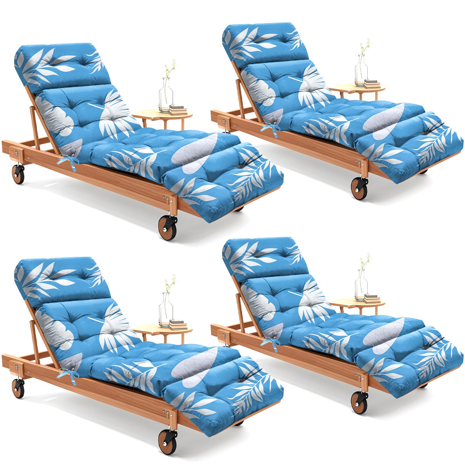 4 Pack Outdoor Chaise Lounge Chair Cushion 75.1 x 22.8 x 4.7 Inches 100% Waterproof Replacement Cotton Patio Pool Lounge Chair Cushion for Outdoor Furniture with Ties, Blue Leaf