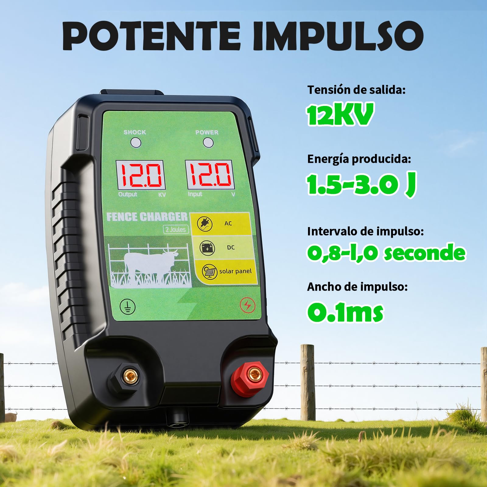 12KM Valla Eléctrica para Ganado y Animales, Electrificador de Cerca con Salida de 12kV 3.0J y Pantalla LCD, Protección para Caballos, Ovejas, Perros, Jardines, Pastos y Granjas ( Negro y verde)