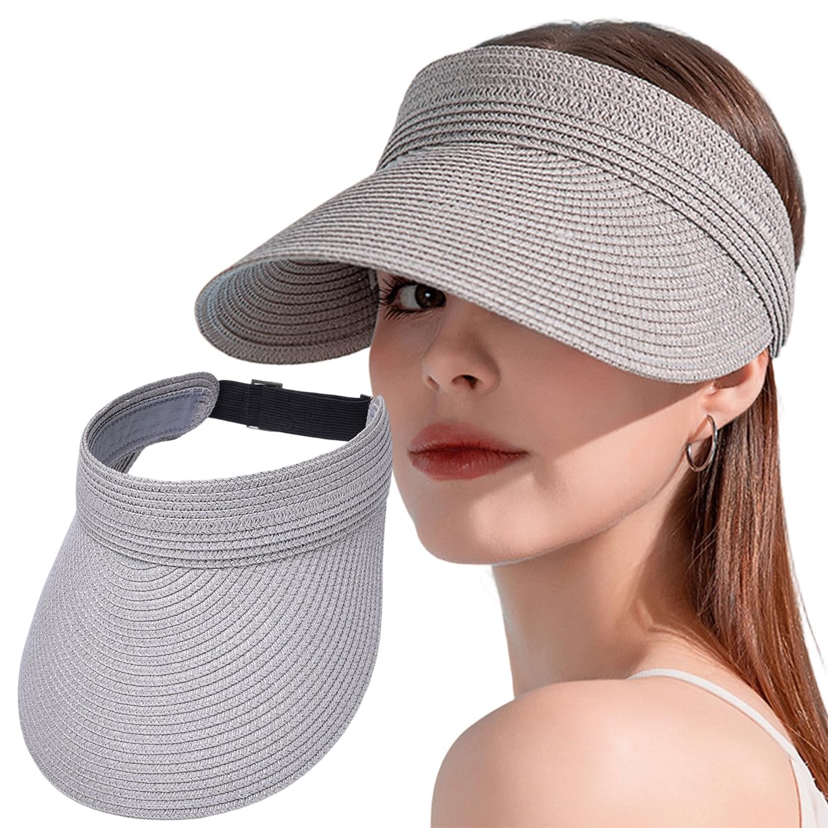 Yelschwa Womens Beach Straw Sun Visor Hat Ponytail Hole UV Protection Wide Brim Summer Cap Packable for Travel UPF 50+ (B)