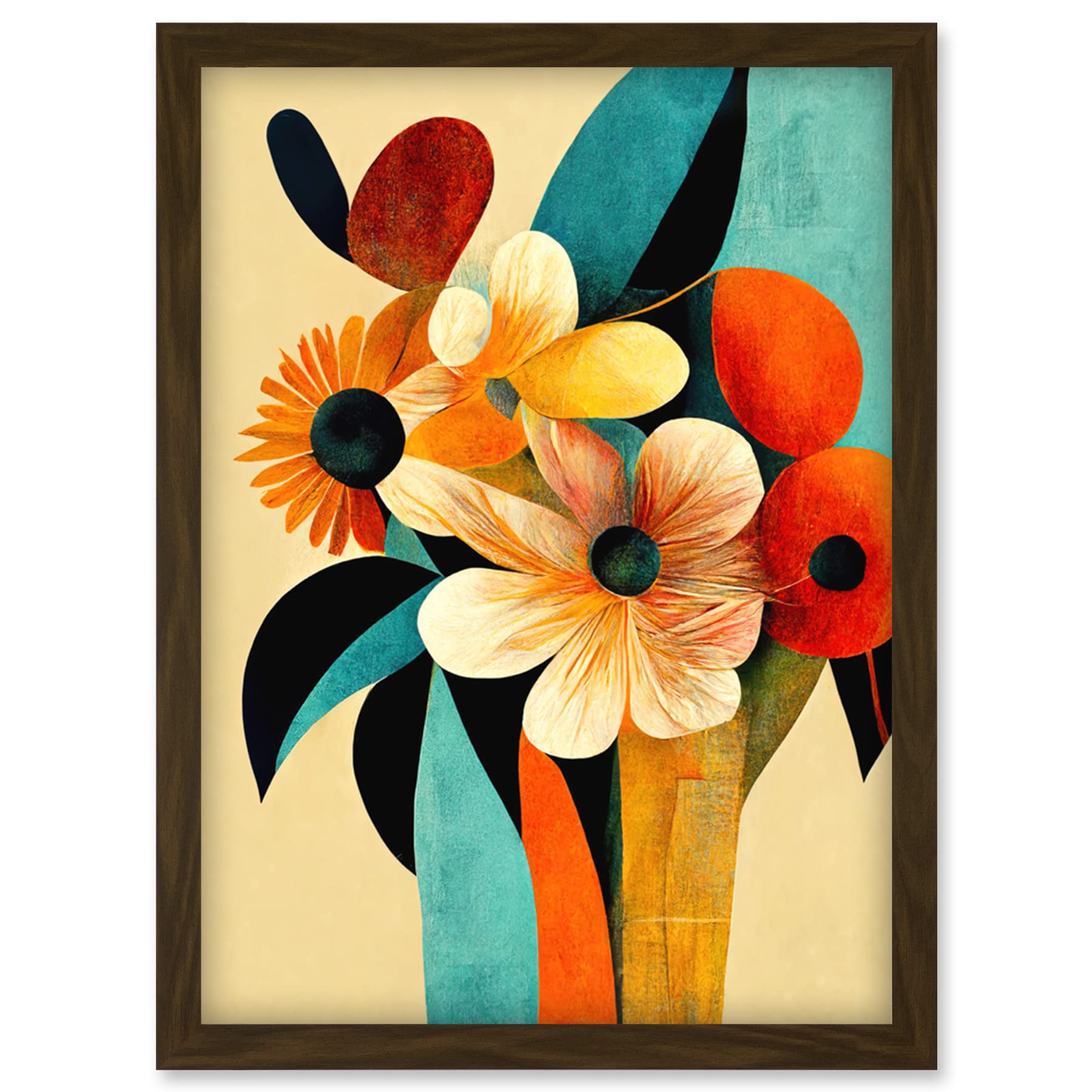 Doppelganger33 LTD Vibrant Modern Abstract Oil Painting Summer Flower Bouquet Teal Orange Artwork Framed Wall Art Print A4
