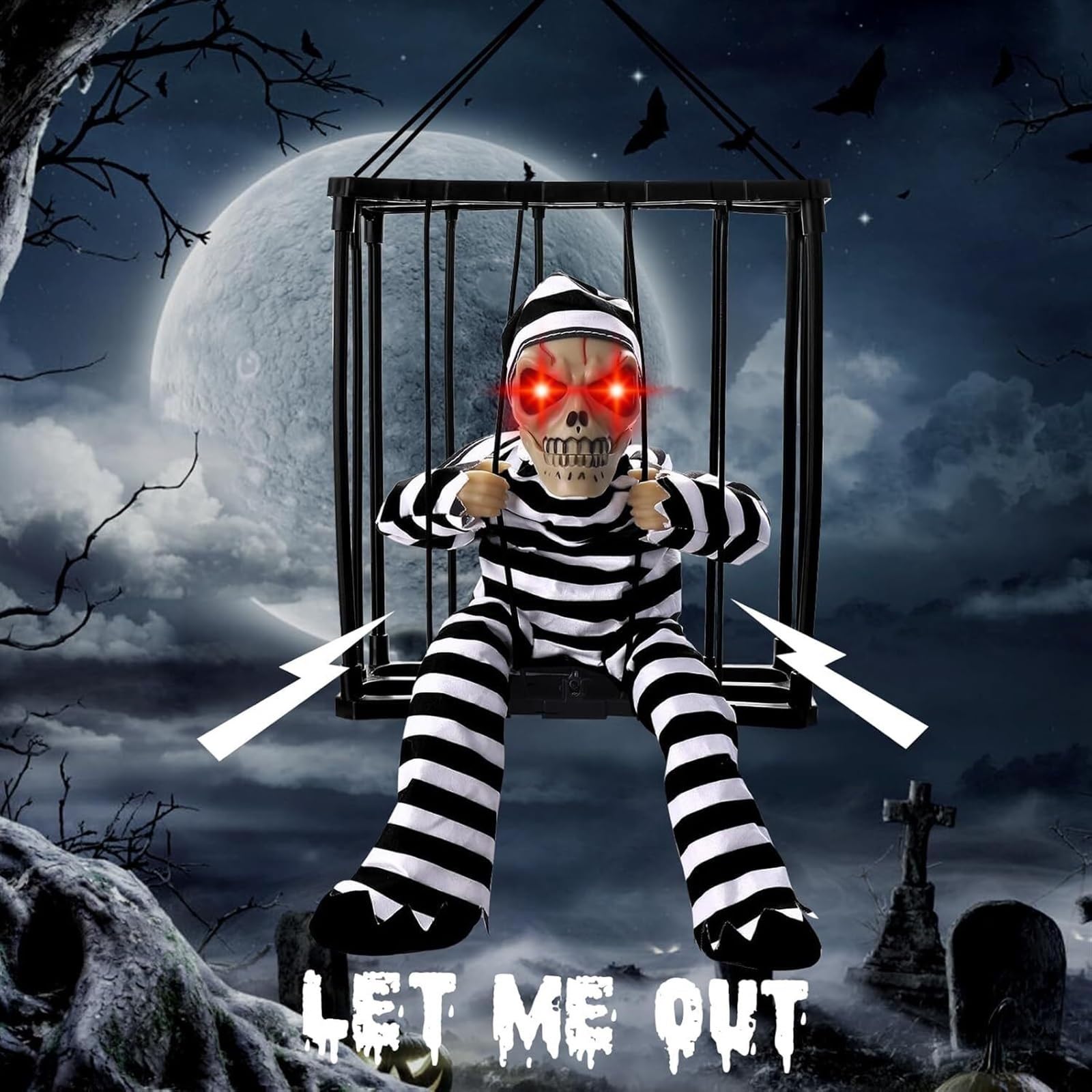 Krzyczące Animowane Wiszące Dekoracje Na Halloween Na Zewnątrz W Pomieszczeniu Straszny Szkielet Klatka Więzień Wiszący Rekwizyt Ze Strasznym Dźwiękiem Czujnik Dotykowy Podświetlane Oczy Wystrój