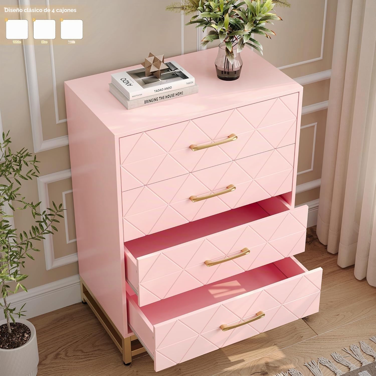Garvee - Cómoda con 4 cajones para Dormitorio, cajoneras Modernas con cajones Anchos y Asas metálicas, cajoneras de Madera, 61 x 40 x 93 cm (Rosa)