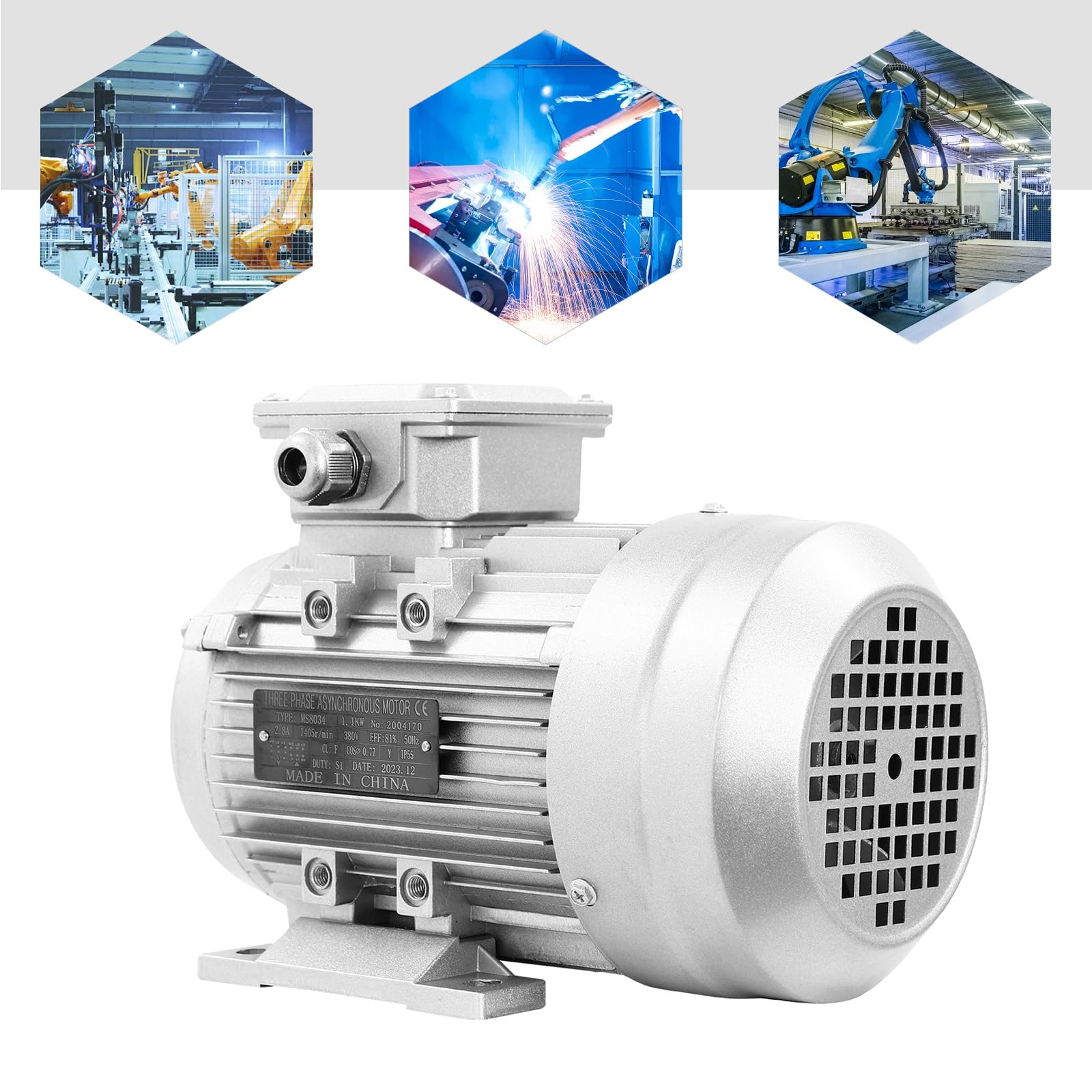 Elektromotor Drehstrommotor Aluminiumgehäuse Kupferspule Industriemotor Schutzklasse IP55 für Maschinenbau Transporttechnik und Lüfter (Wellendurchmesser 19mm, 1100W)