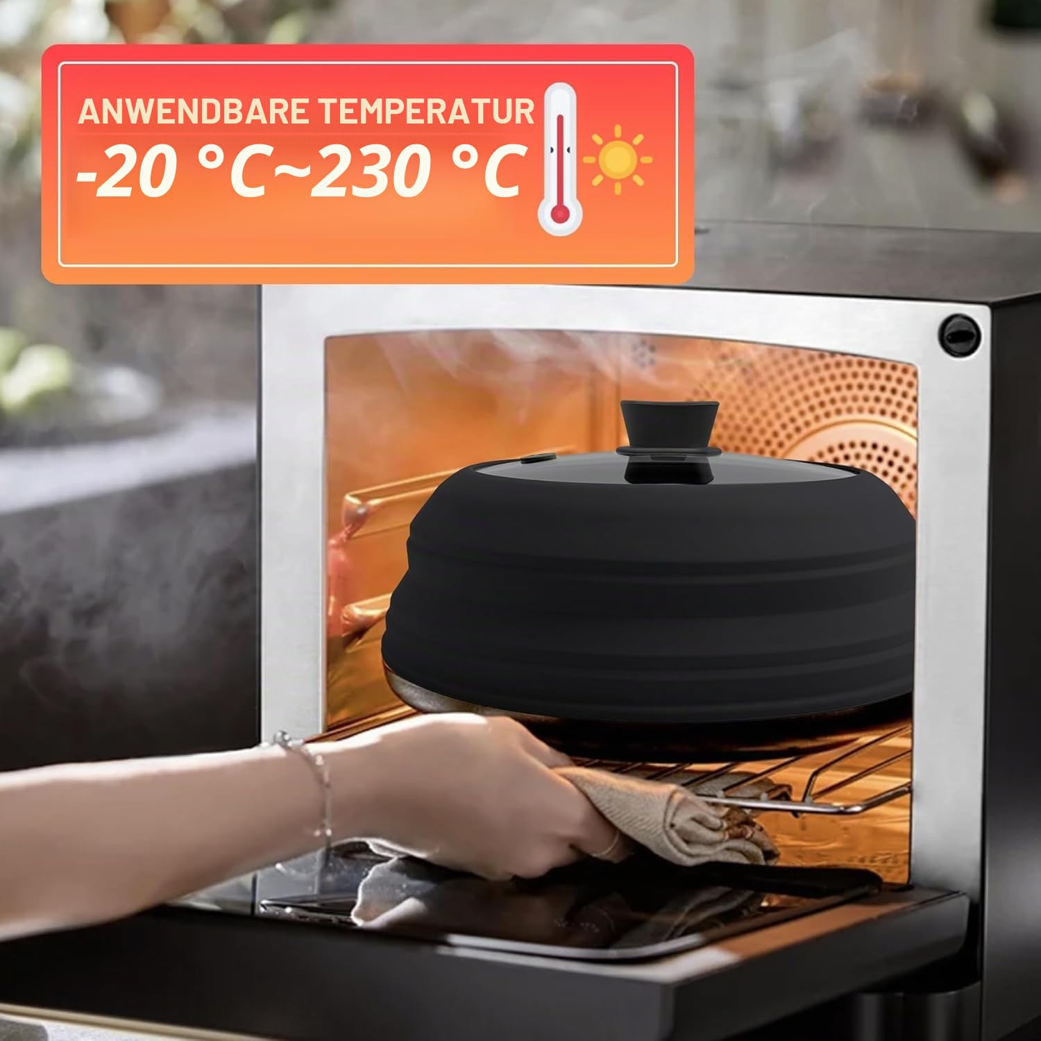 Mikrowellen-Abdeckung für Lebensmittel, 27,4 cm, zusammenklappbar, Mikrowellen-Spritzschutz mit Silikongriff für Topf, Teller, Schüssel (Schwarz)