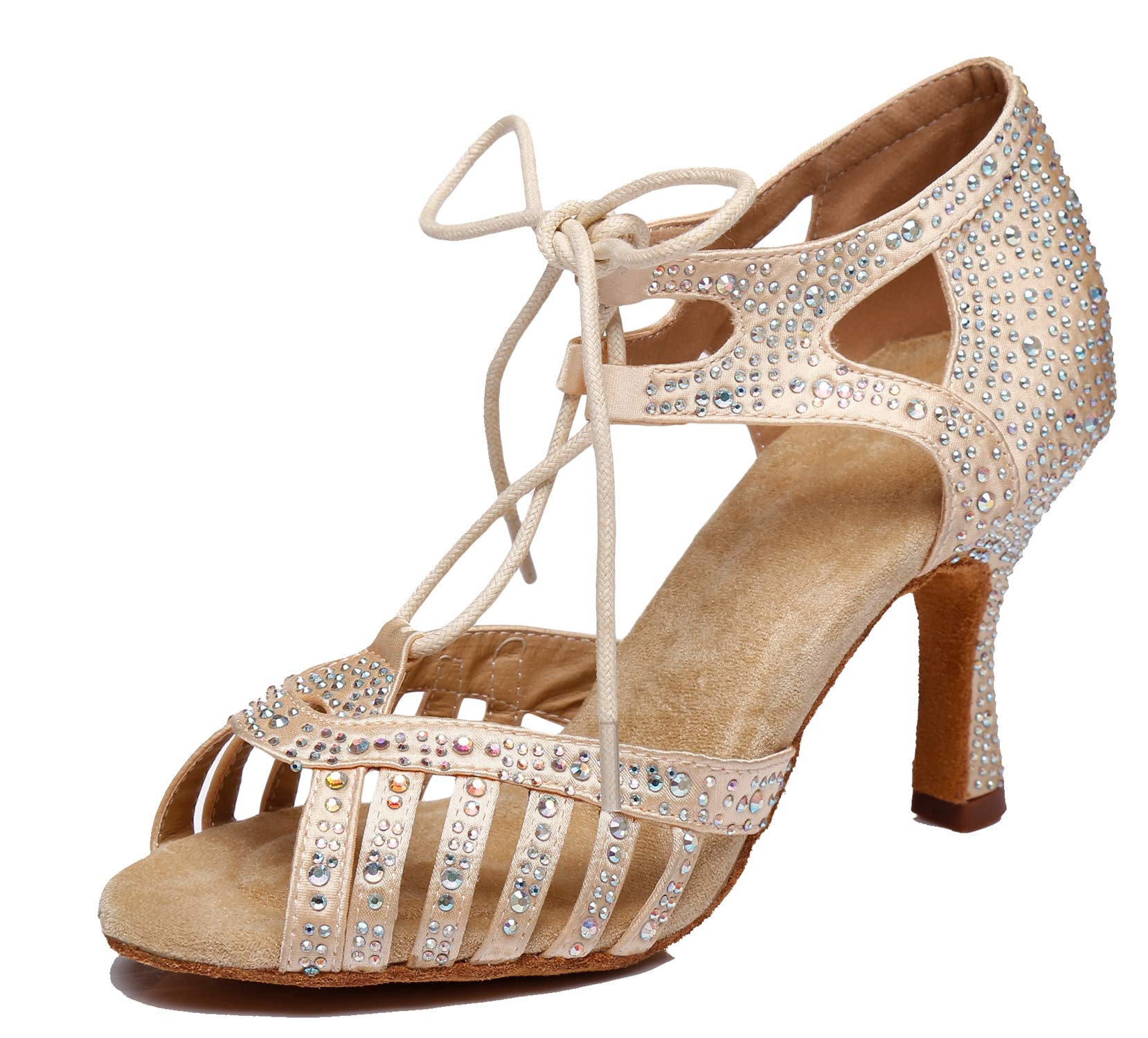 Damskie Latin Salsa Sznurowane Kryształy Satynowe Buty Do Tańca Sandały Ślubne L387, Nude 3 35 obcas, 40.5 EU
