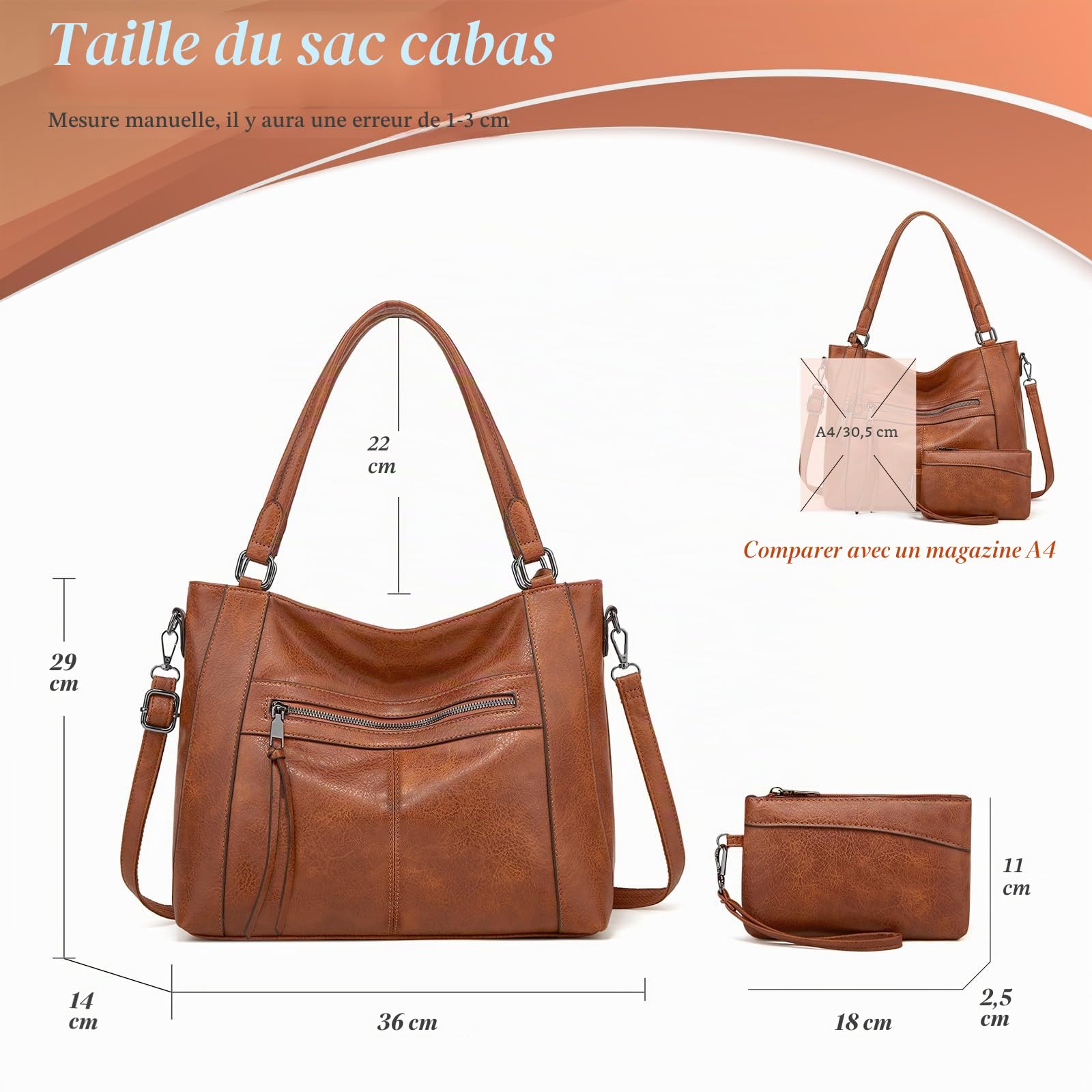 BAIGIO Sac a Main Grand Cuir PU Sac Hobo Sac Cabas Femme Sac Bandoulière Fourre Tout Messenger et Portefeuille Ensemble pour Travail Shopping Party Voyage