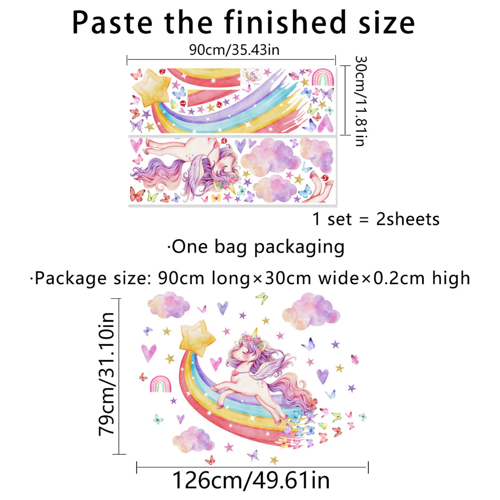 Unicorn Wall Stickers for Girls Bedroom, Rainbow Unicorn Wall Decals with Clouds, Stars & Butterflies - Image 2