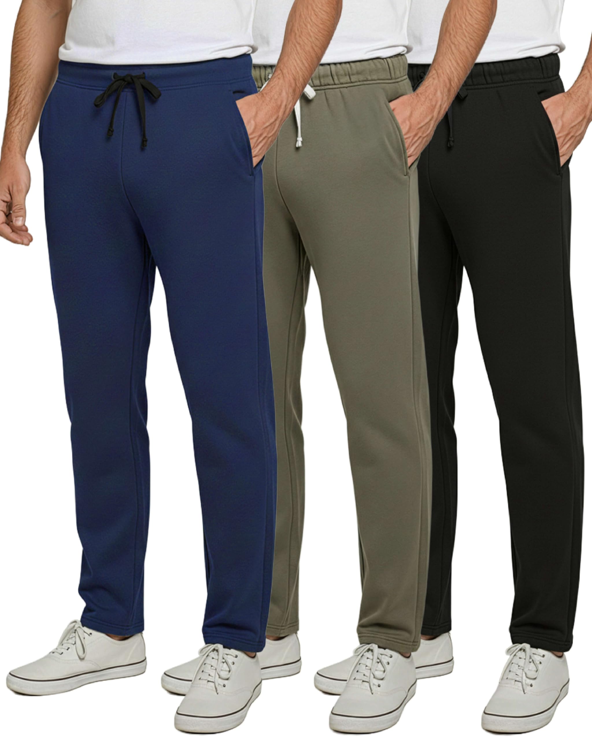 Real Essentials 3 Pack: Men's Tech Fleece Active Athletic Casual Open Bottom Sweatpants with Pockets Set