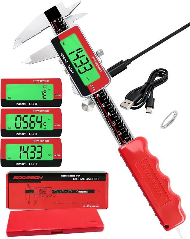 GODSEON Calibrador digital de 6", USB-C recargable retroiluminación LCD ±0.001" Precisión, pulgadas/mm/unidades de fracción 5 modos de apagado automático, calibradores de acero inoxidable para bricolaje, carpinteros, joyeros, impresión 3D